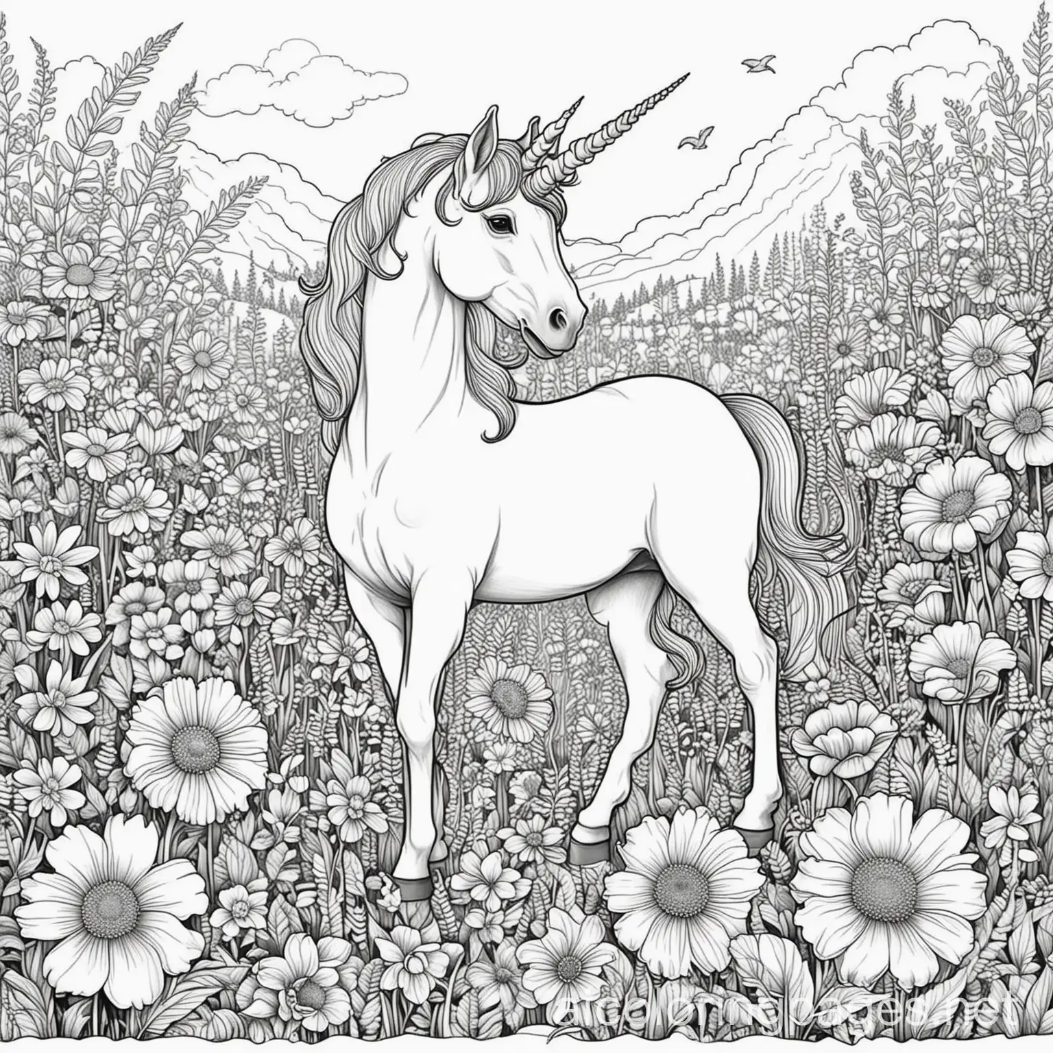 Unicorn in a Field of big Flowers: , Coloring page, Coloring Page, black and white, line art, white background, Simplicity, Ample White Space. The background of the coloring page is plain white to make it easy for young children to color within the lines. The outlines of all the subjects are easy to distinguish, making it simple for kids to color without too much difficulty, Coloring Page, black and white, line art, white background, Simplicity, Ample White Space. The background of the coloring page is plain white to make it easy for young children to color within the lines. The outlines of all the subjects are easy to distinguish, making it simple for kids to color without too much difficulty