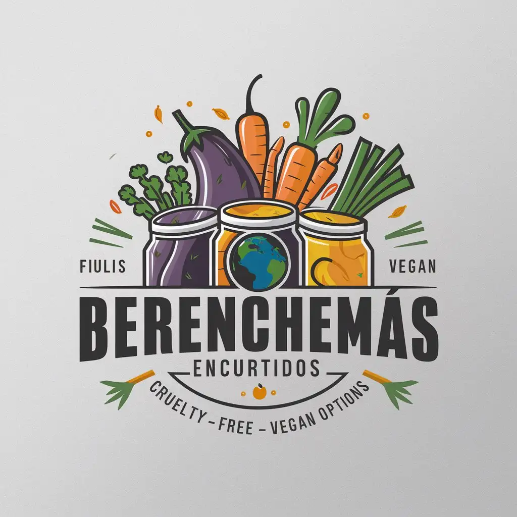 a logo design,with the text 'berenchemas encurtidos', vegan food - Cruelty free - main symbol:Jars with veggie food, eggplants, chillis, carrots, onions and the planet earth on the backgorund,Moderate,food ,clear background,