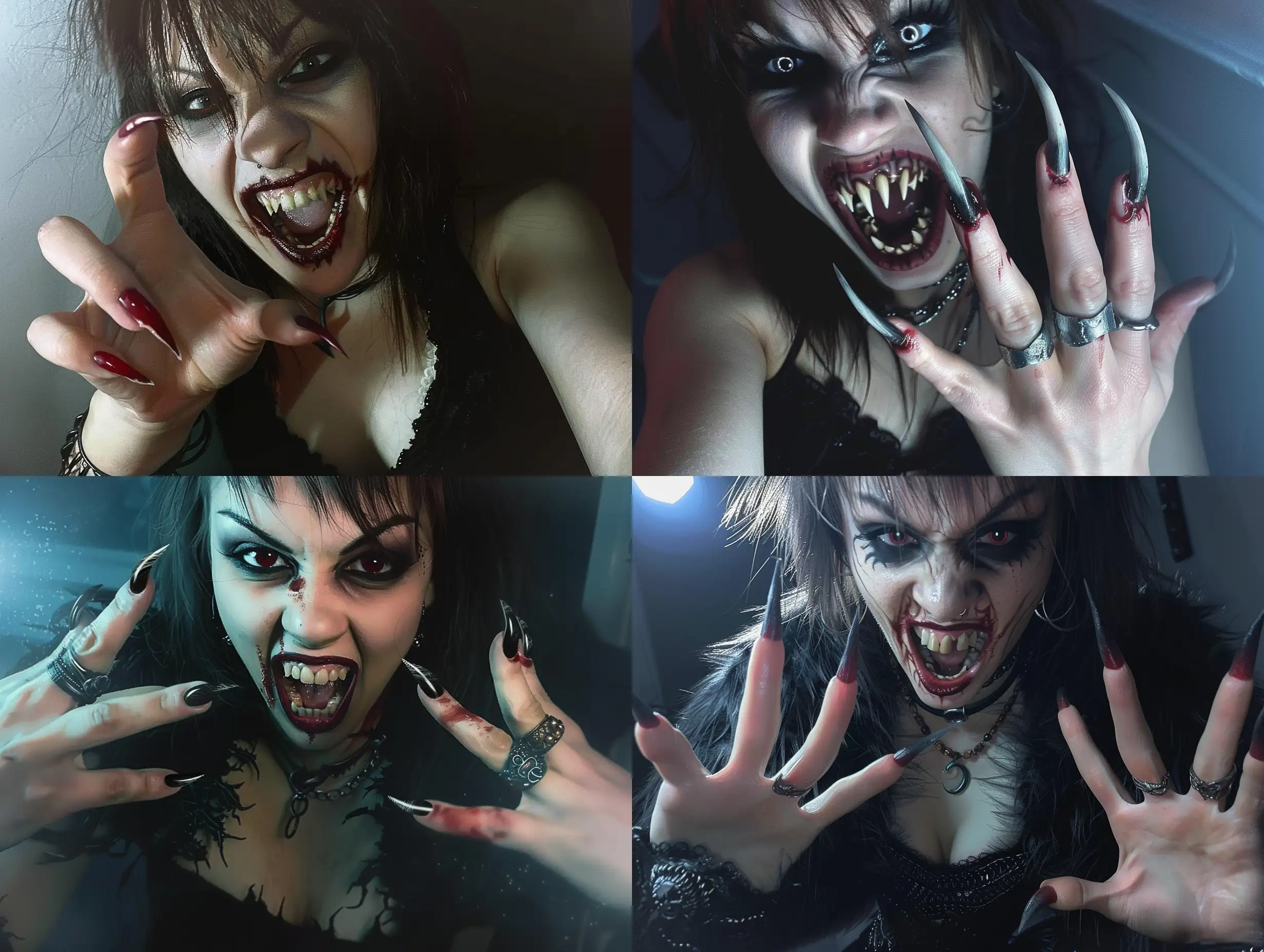 Photorealism nightmare scene of a monstrous female vampire with long, curved, pointed nails, exuding an aggressive and terrifying presence. Her pointed, crooked teeth form a scary expression amidst a dark and atmospheric setting. The high-quality depiction should capture the aggressive attack, emphasizing her predatory fangs and detailed nails in a hyper-realistic manner. The lighting should contribute to the horror atmosphere, ensuring a full-body portrayal with realistic hyper-detail. The character design should convey a playful yet menacing quality, with full anatomical accuracy including distinctly human hands with five fingers. The final image must be very clear without flaws, portraying the vampire with unparalleled photorealism.