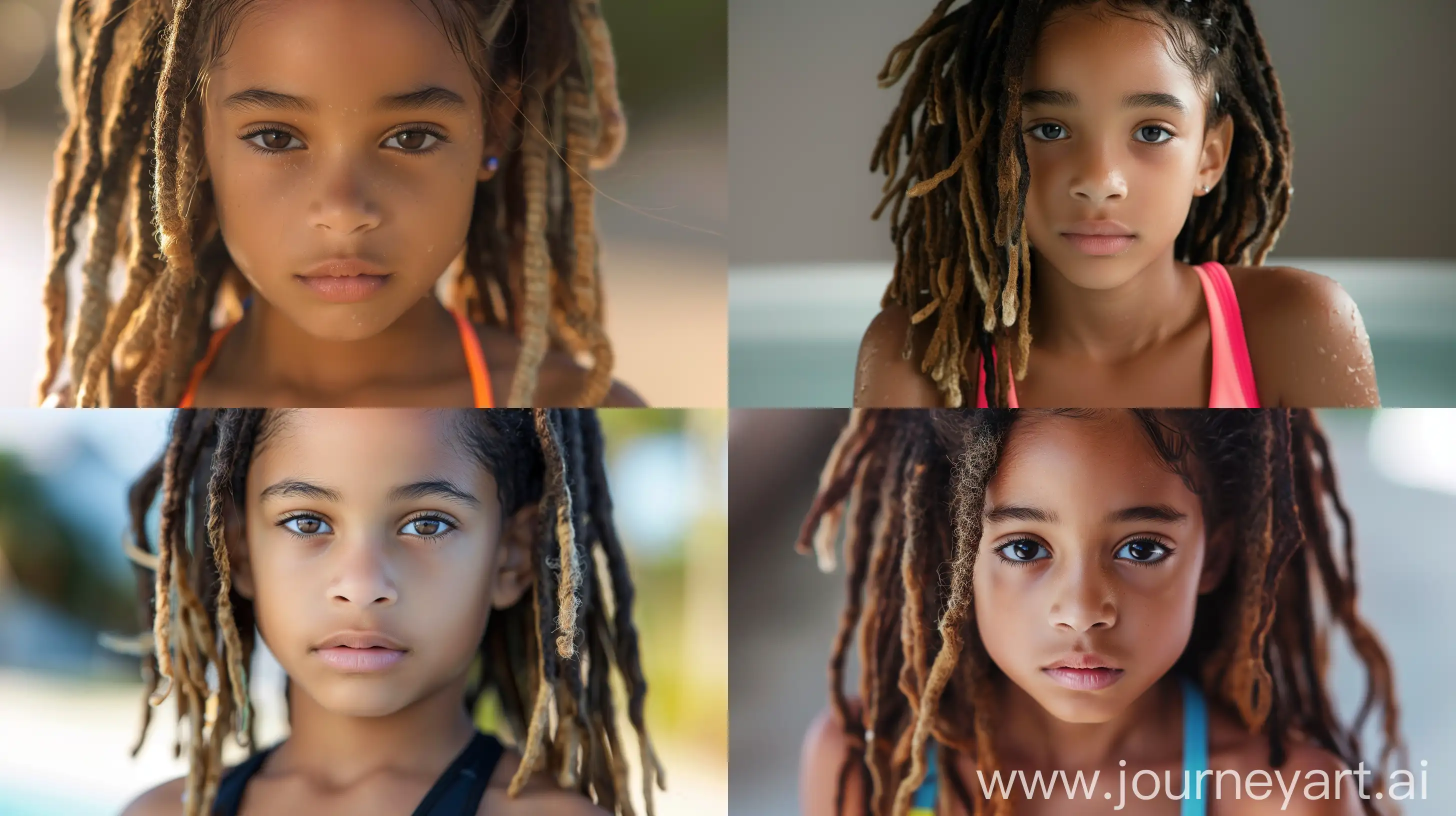 African American girl, young girl, in swimsuit, clothing exercising, super model, beautiful dreadlocks, ombre brown hair, thick eyebrows, thick lips, light matte makeup, --ar 16:9 --v 6.0