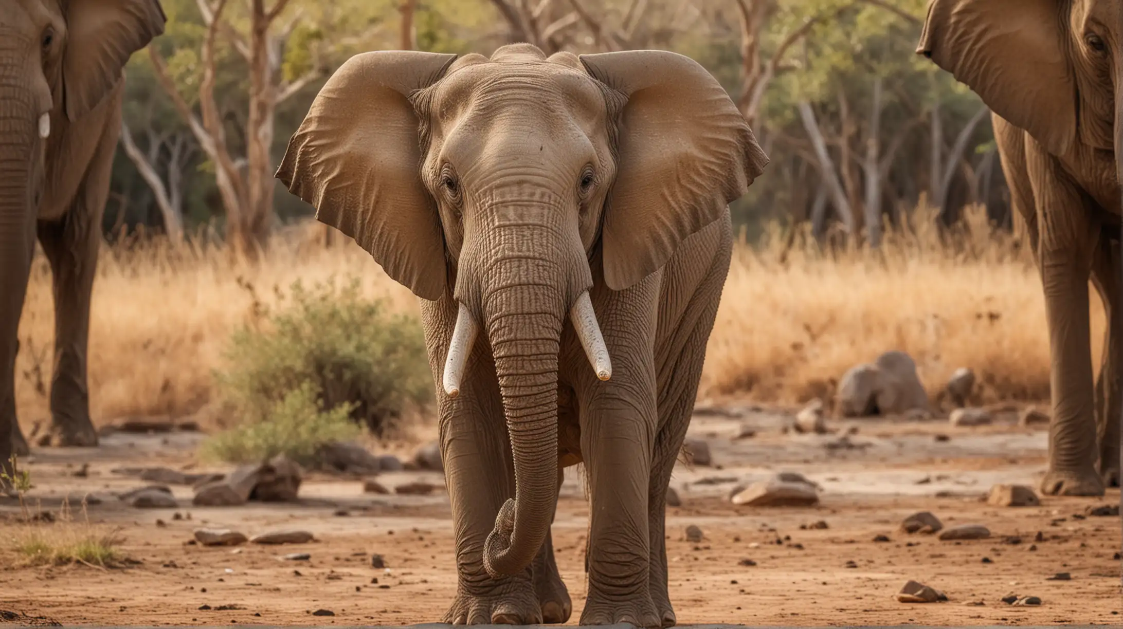 An elephant, whole body, looking straight at the camera with a neutral expression. The background is a natural habitat setting with soft lighting that highlights the elephant's features."