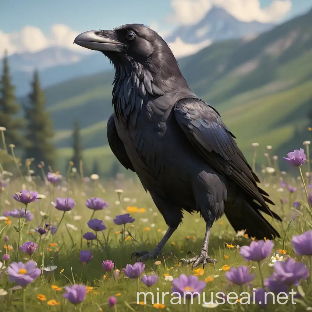 A cool raven stands in a flowery meadow.