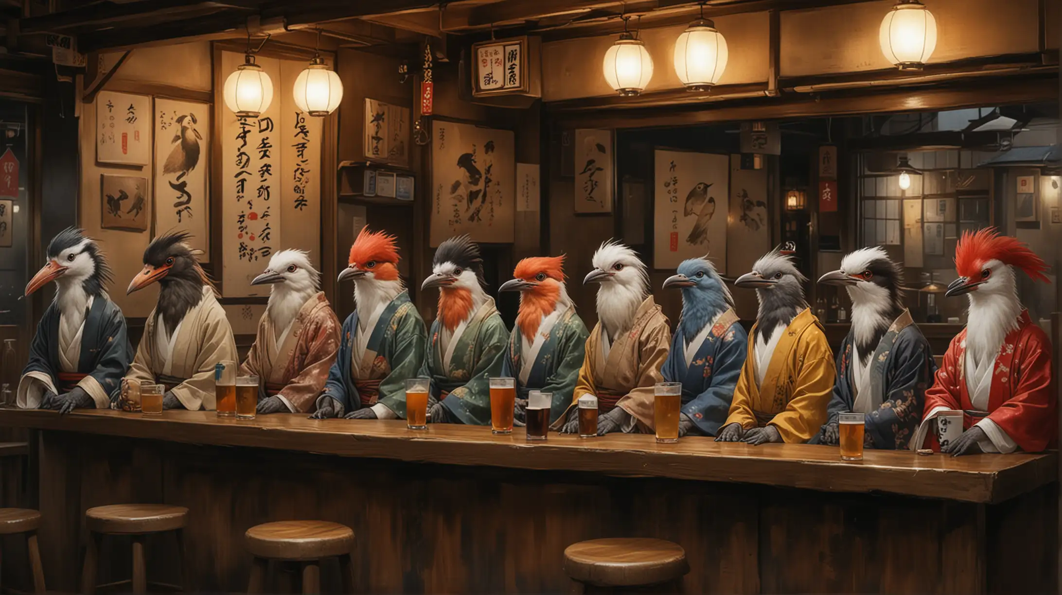 Anthropomorphic Birds in Traditional Japanese Izakaya Bar Painting