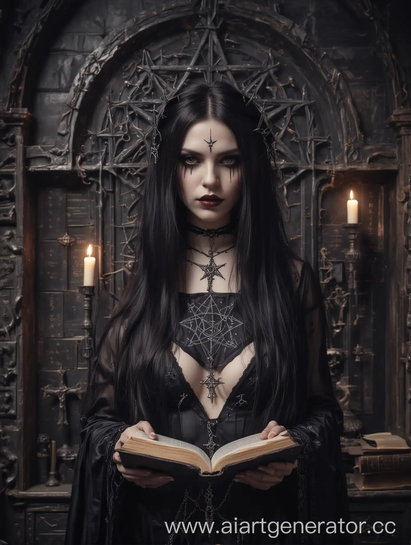 beautiful hot gothic young satanic priestess with a book of spells, pretty face, long hair, silky lingerie, pentagrams, inverted cross, satanic ritual, realistic, dungeon