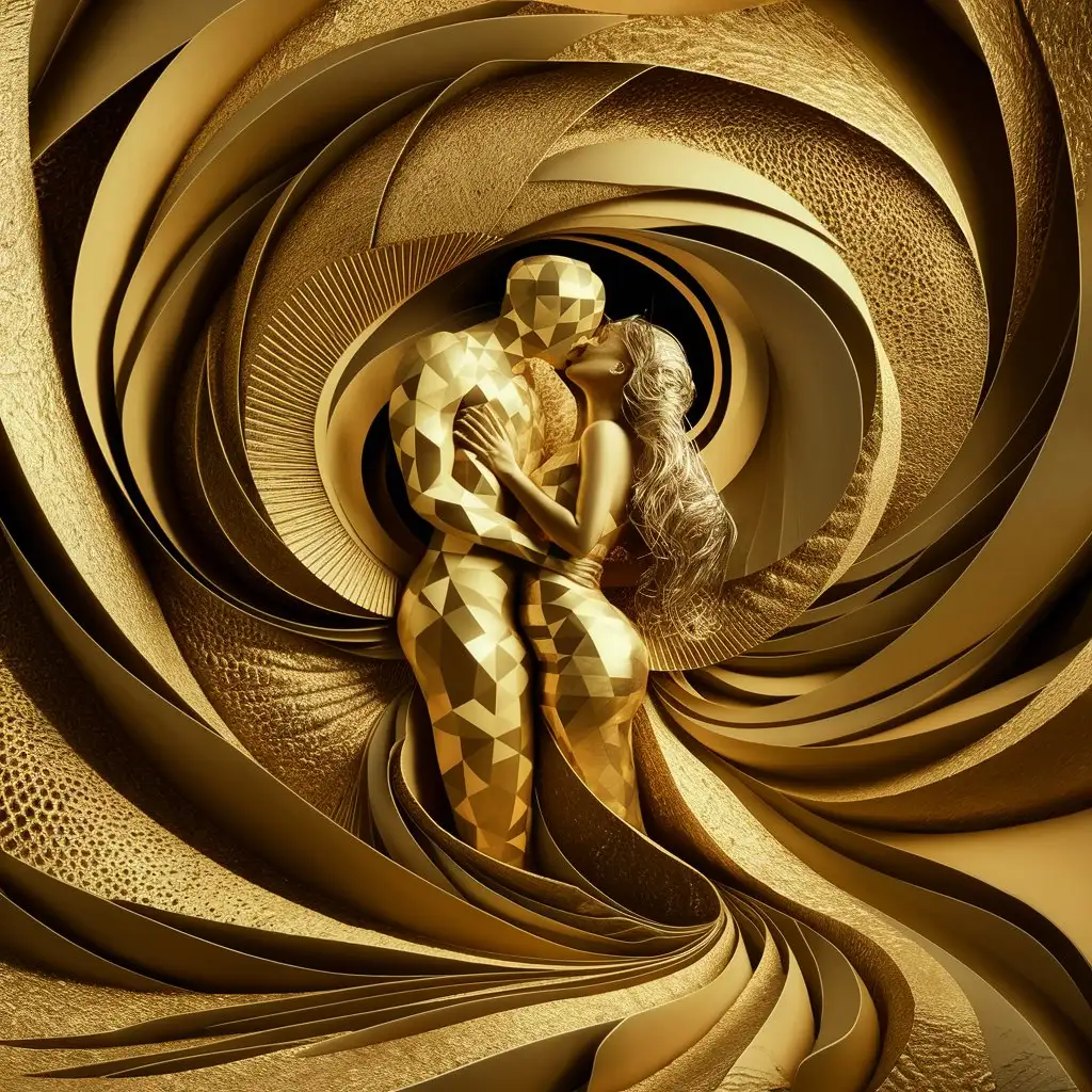 A swirling symphony of gold and geometric patterns embracing two lovers.