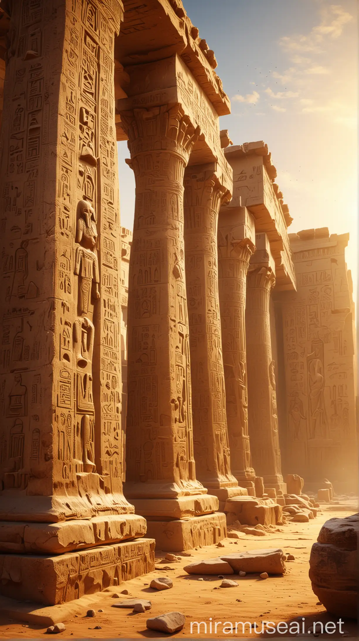 Hyper Realistic Depiction of Ancient Egyptian Ruins in Golden Sunlight