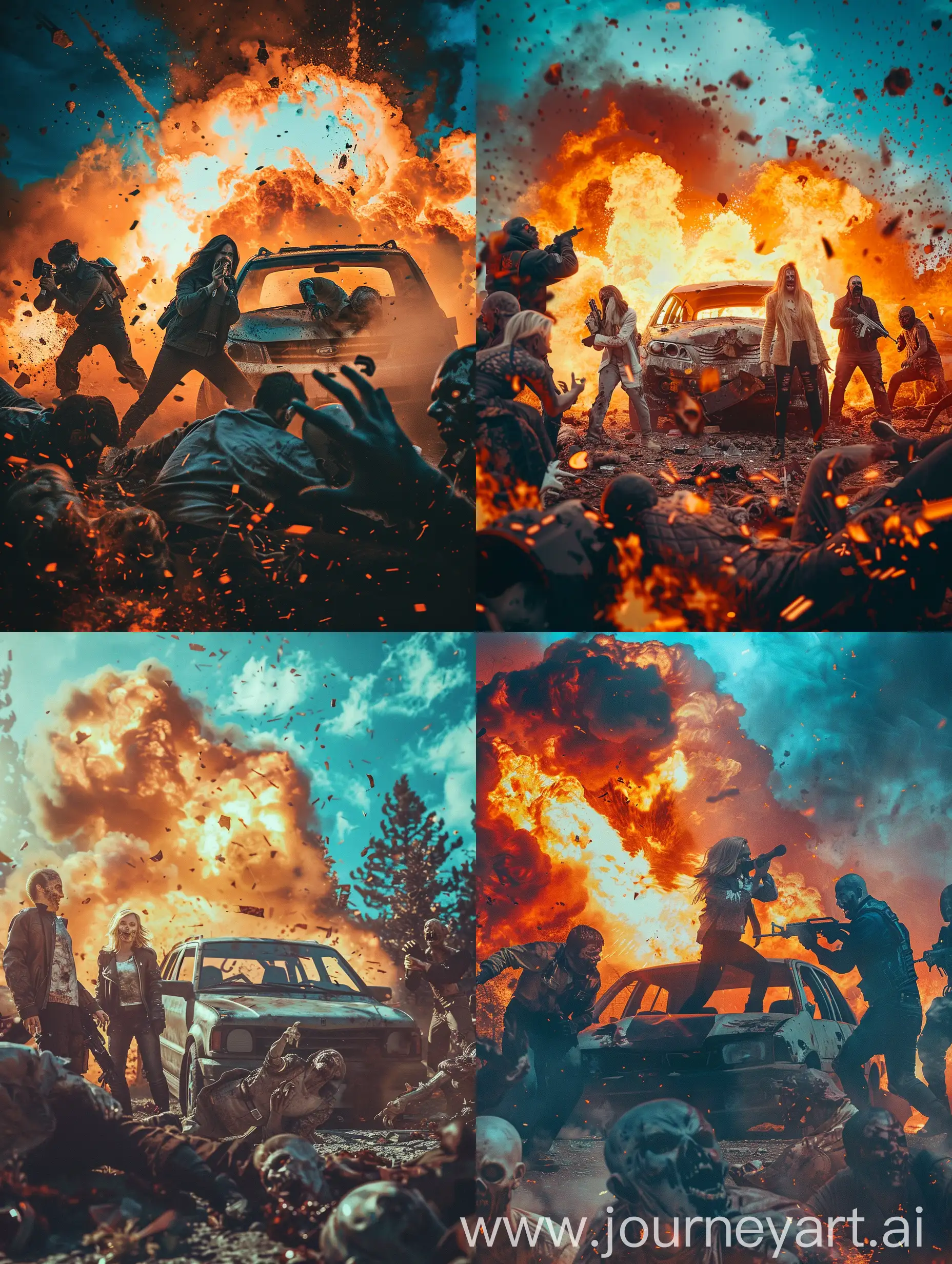 Сцена постапокалипсиса в реальной жизни, по мотивам мобильной игры Doomsday, команда бойцов из мужчин и женщин на фоне взрывающейся машины в окружении зомби