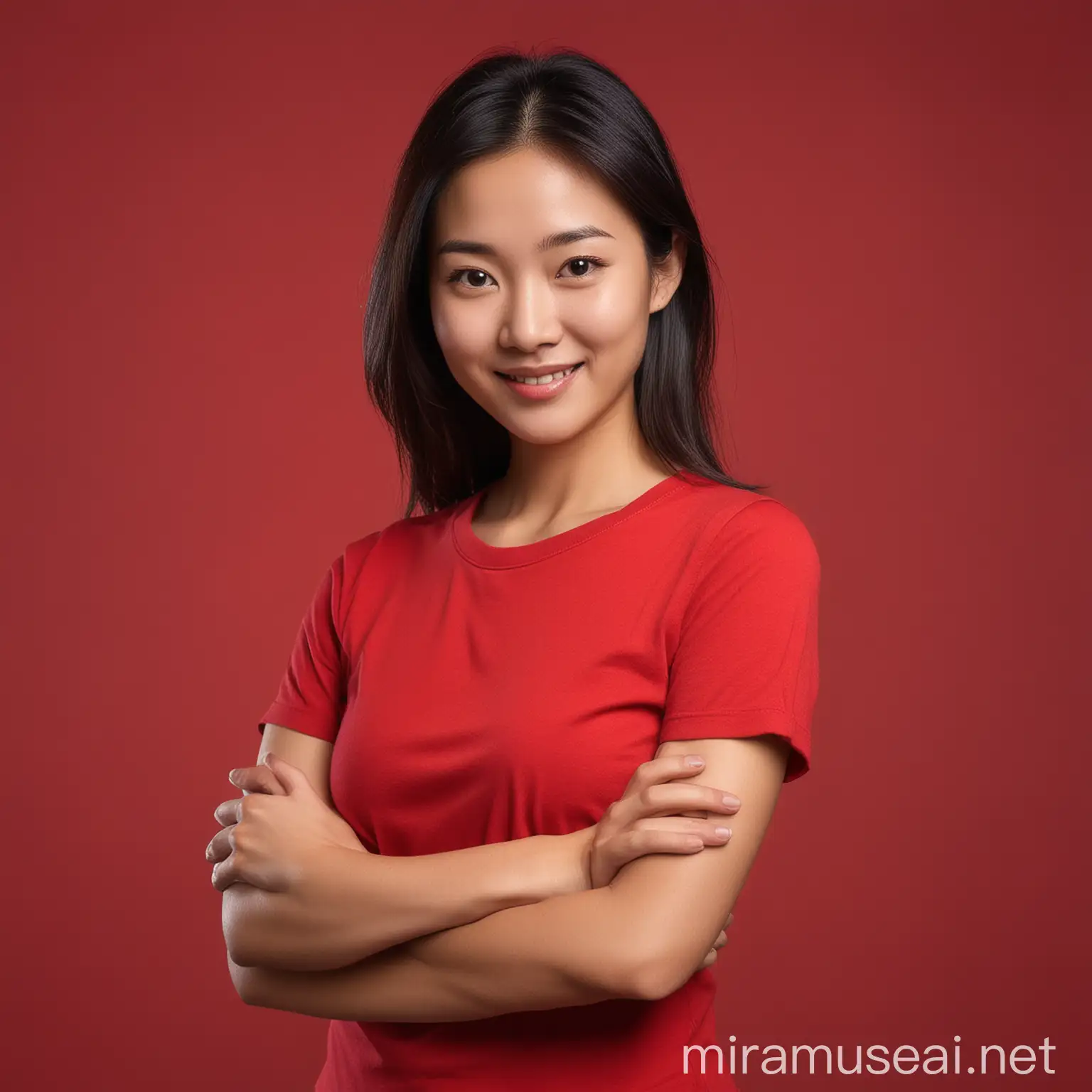 Generate a realistic picture from a women standing infrond of a red backgrond. there should be some soft shading behind the women. The women should be asian from 30 years old. wearing red shirt. She looks friendly with a small smile on her fase. 
