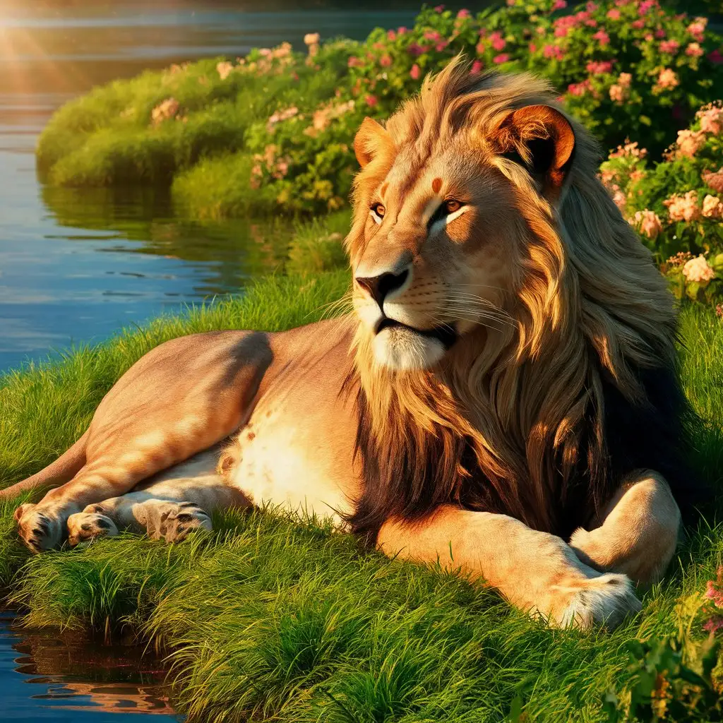 big text: ''loneliness'', lion sitting in the grass, by the lake, flowers, paradise, 4k, photorealistic, 