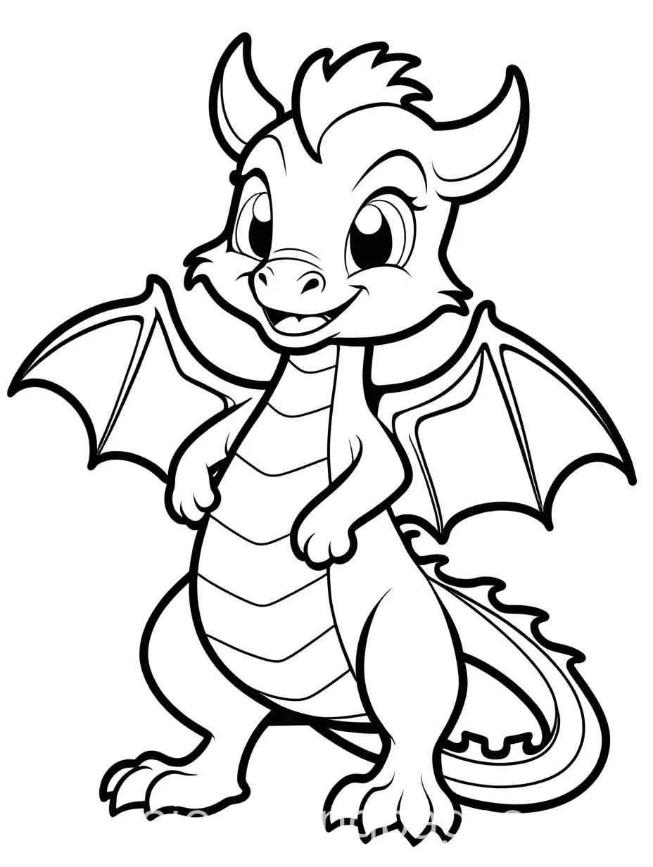 cartoon dragon, simple background, coloring page, black and white, line art, white background, simplicity, ample white spaces. The background of the coloring page is plain white to make it easy for young children. The outlines of all subjects are easy to distinguish, making it simple for kids to color without too much difficulty., Coloring Page, black and white, line art, white background, Simplicity, Ample White Space. The background of the coloring page is plain white to make it easy for young children to color within the lines. The outlines of all the subjects are easy to distinguish, making it simple for kids to color without too much difficulty