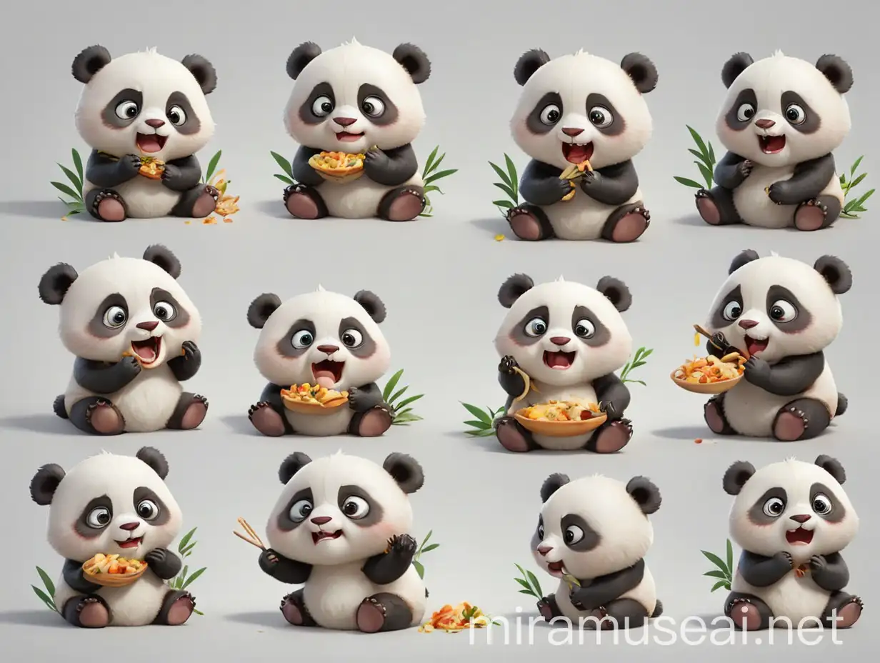 小熊猫的各种表情，吃饭，撒娇，生气等，作为一个插图集，可爱风，灵活姿势，白色背景