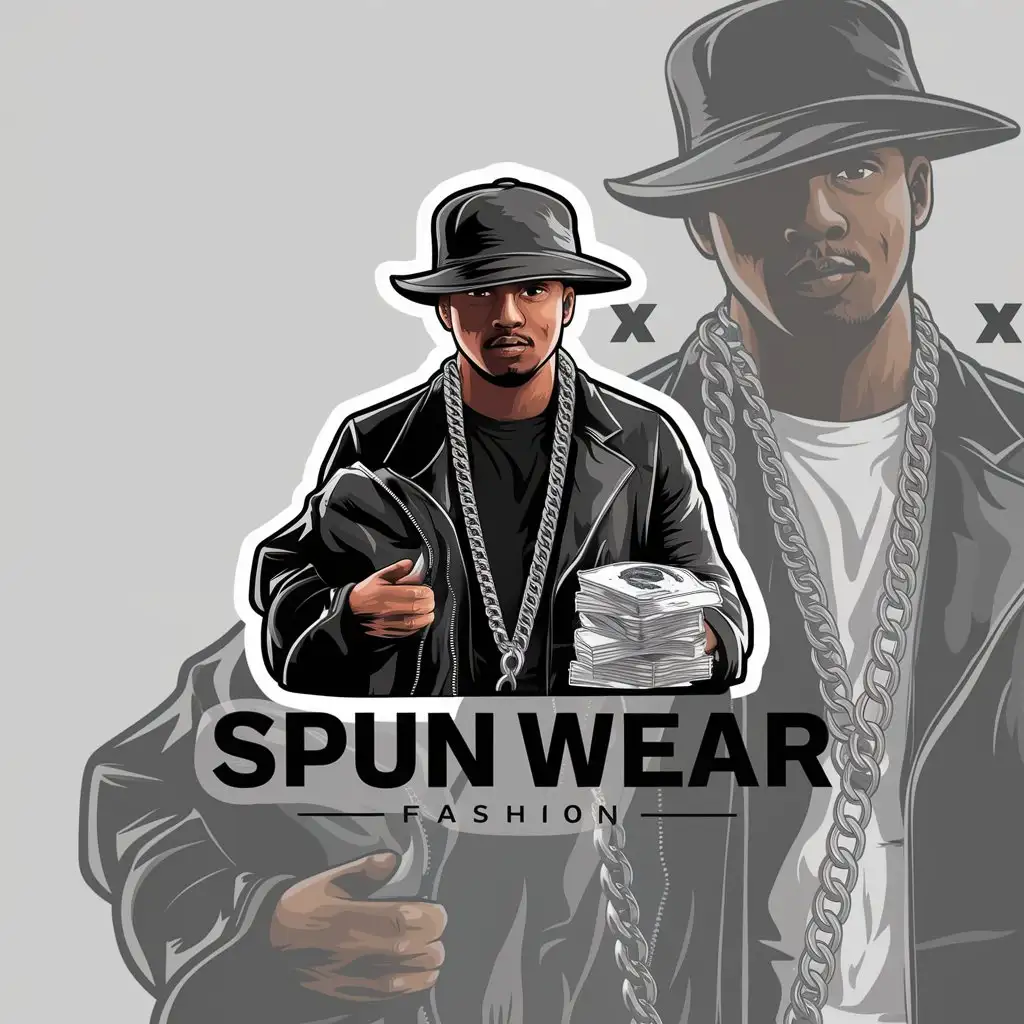 a logo design,with the text "Spun Wear", main symbol:flat bill hat rapper holding a jacket and money with a chain on neck,complex,be used in 0 industry,clear background