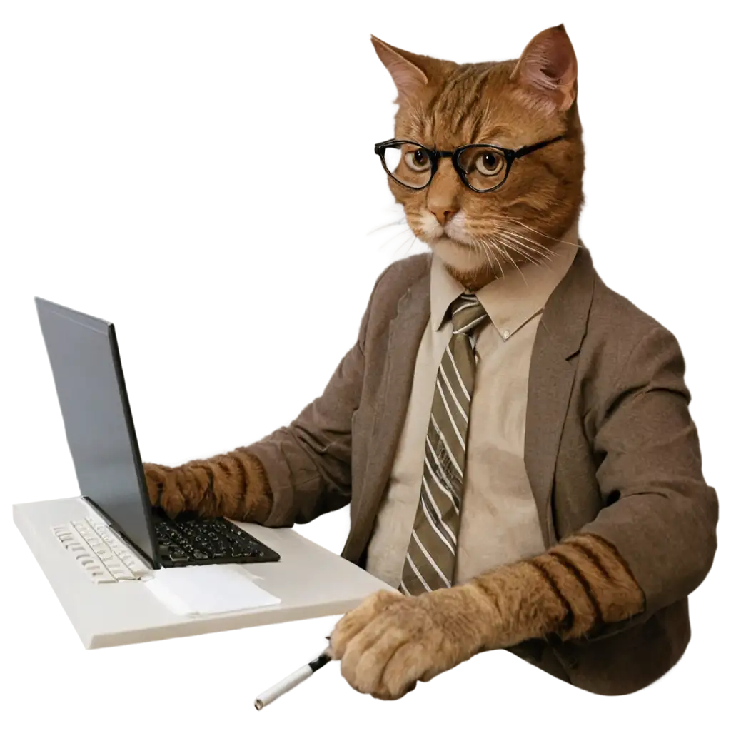 An editor was sitting in front of his computer with a cat and there were glasses and cigarettes beside the keyboard
