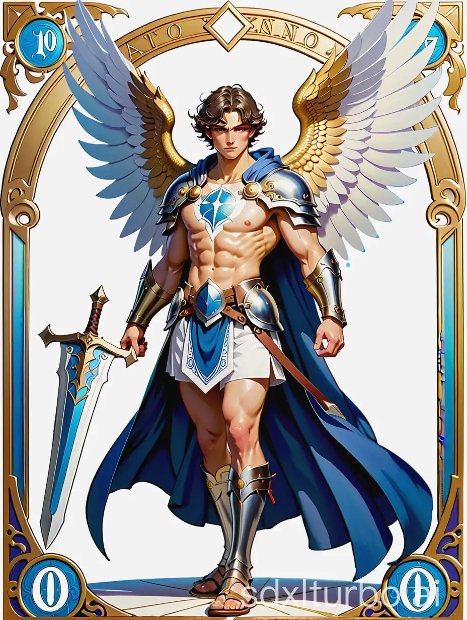 an angle warrior, white wings, shines, wearing a white robs and blue cloak, shorts, sandles, with sword and shield, taro card art, "Michael" in the bottom and "0" number in the top, mucha style
