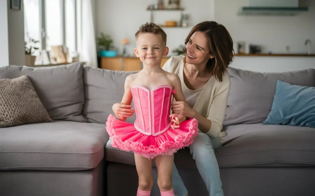 (((Gender role-reversal))), Photograph of a mother and her thin young son, a cute small boy age 7 with a cute face and little legs and short smart spiky hair, the mother is sitting on a large sofa in a bright living room and the boy is standing next to it, the mother is helping him to get dressed in a bright pink ballerina corset and frilly tutu dress and frilly pink socks, the sweet boy is smiling calmly with dimples, adorable, perfect children faces, perfect faces, clear faces, perfect eyes, perfect noses, smooth skin, the photograph is captioned “for Mother’s Day, Billy gave his mummy the daughter she always wanted.”