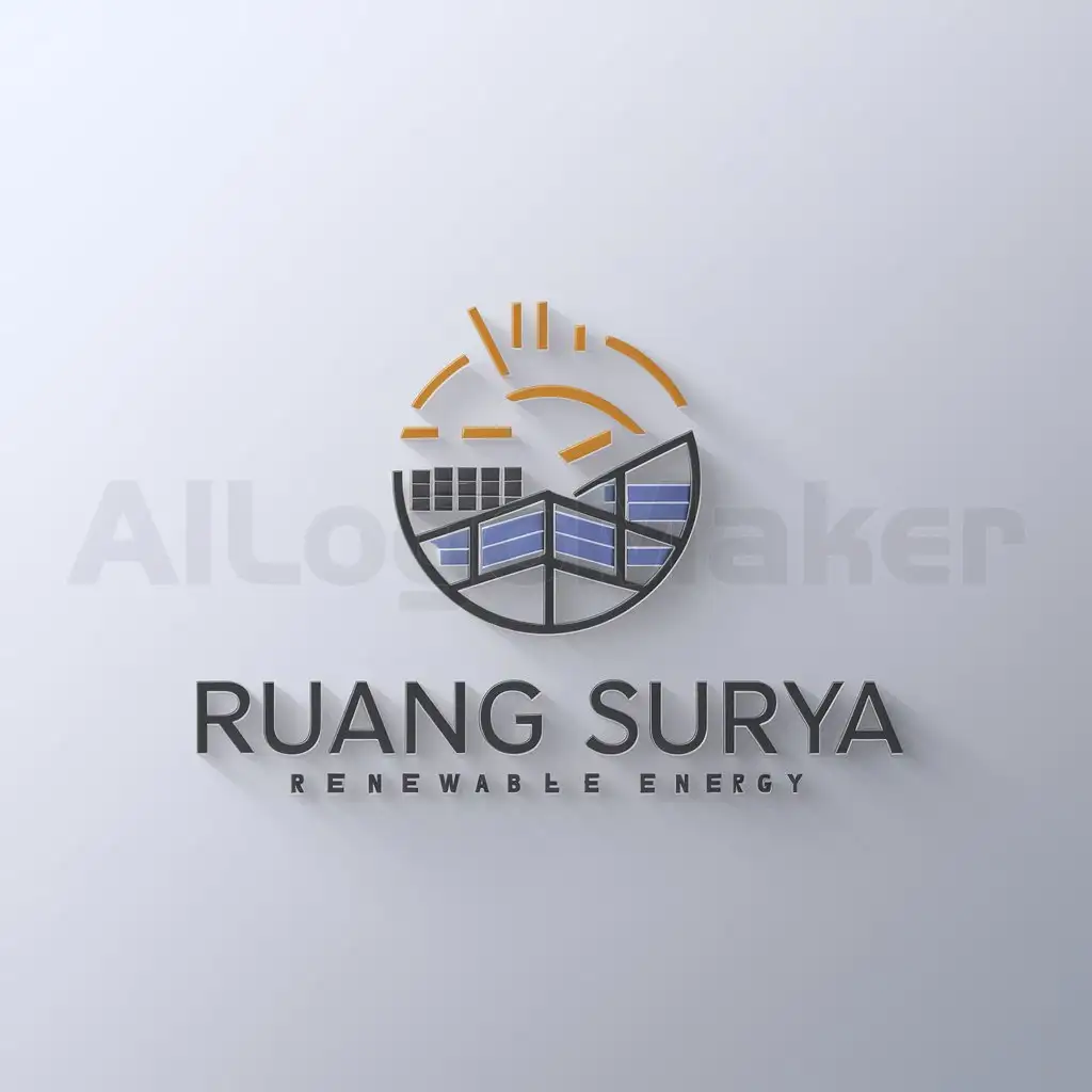 a logo design,with the text 'Ruang Surya', main symbol:Renewable energy,Minimalistic,clear background, sun, solar panel, building