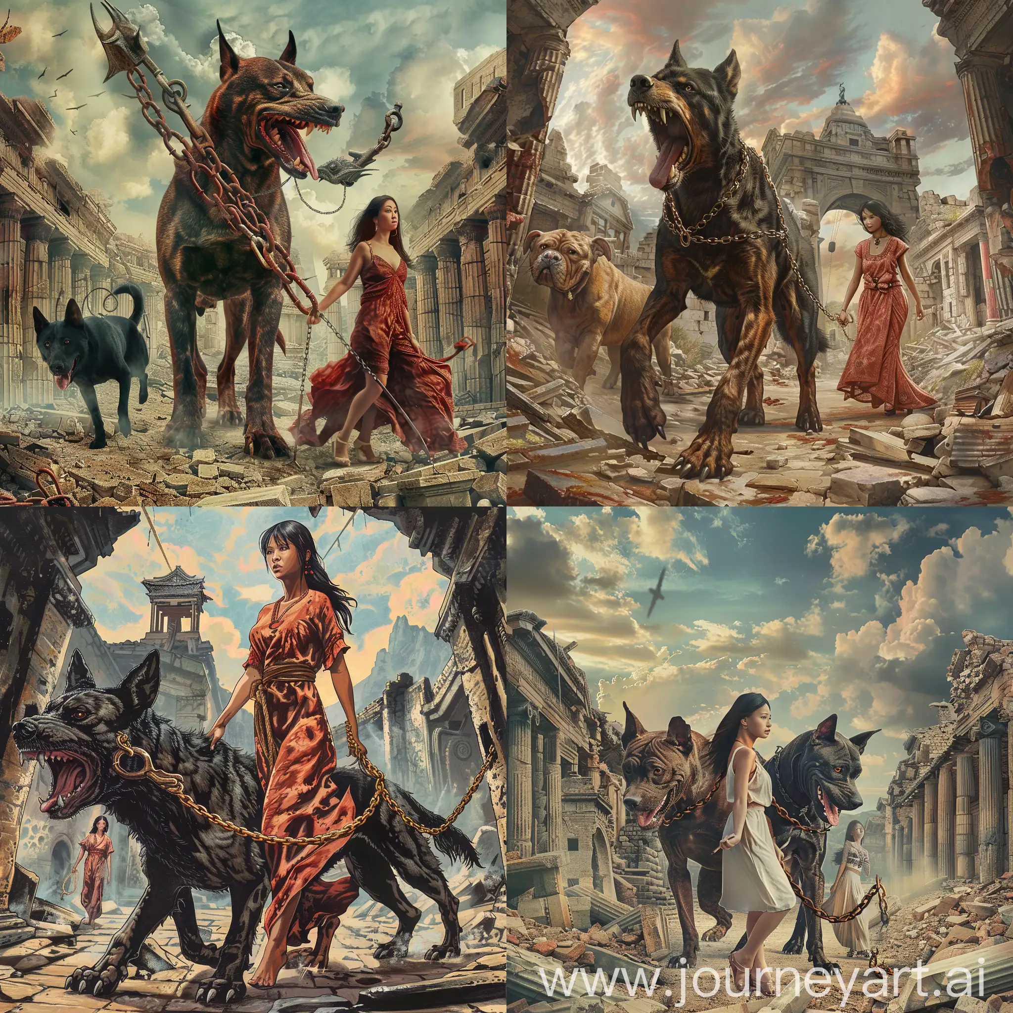Цербер мифический большой трех головый пёс на цепи с красивой женщиной азиаткой идут по разрушенным руинам