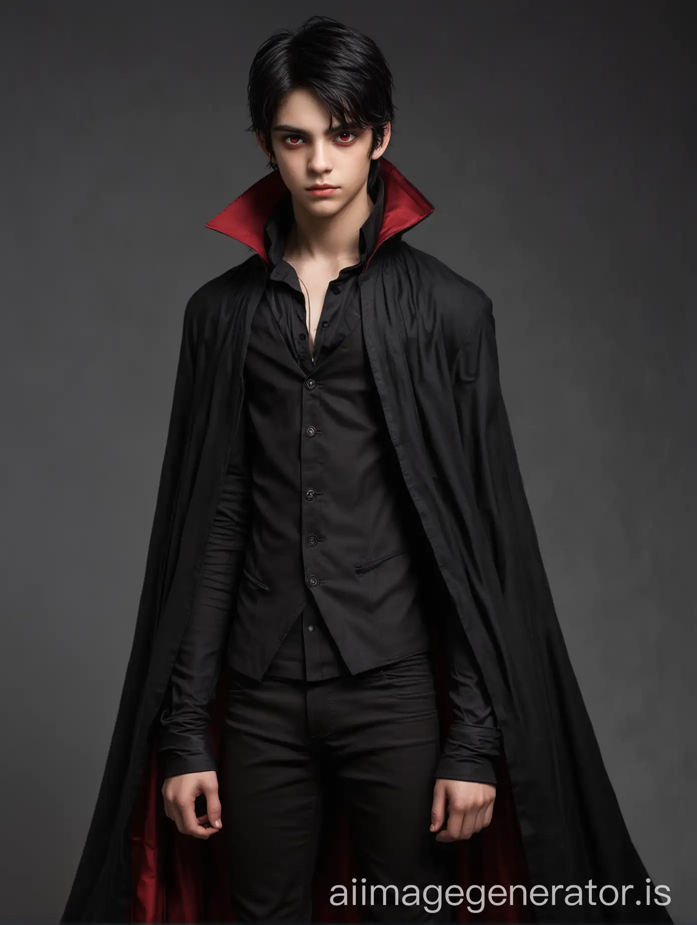 15 year old black haired vampire boy with red eyes wearing a black top, long cape that's red on the inside and black on the outside and black pants