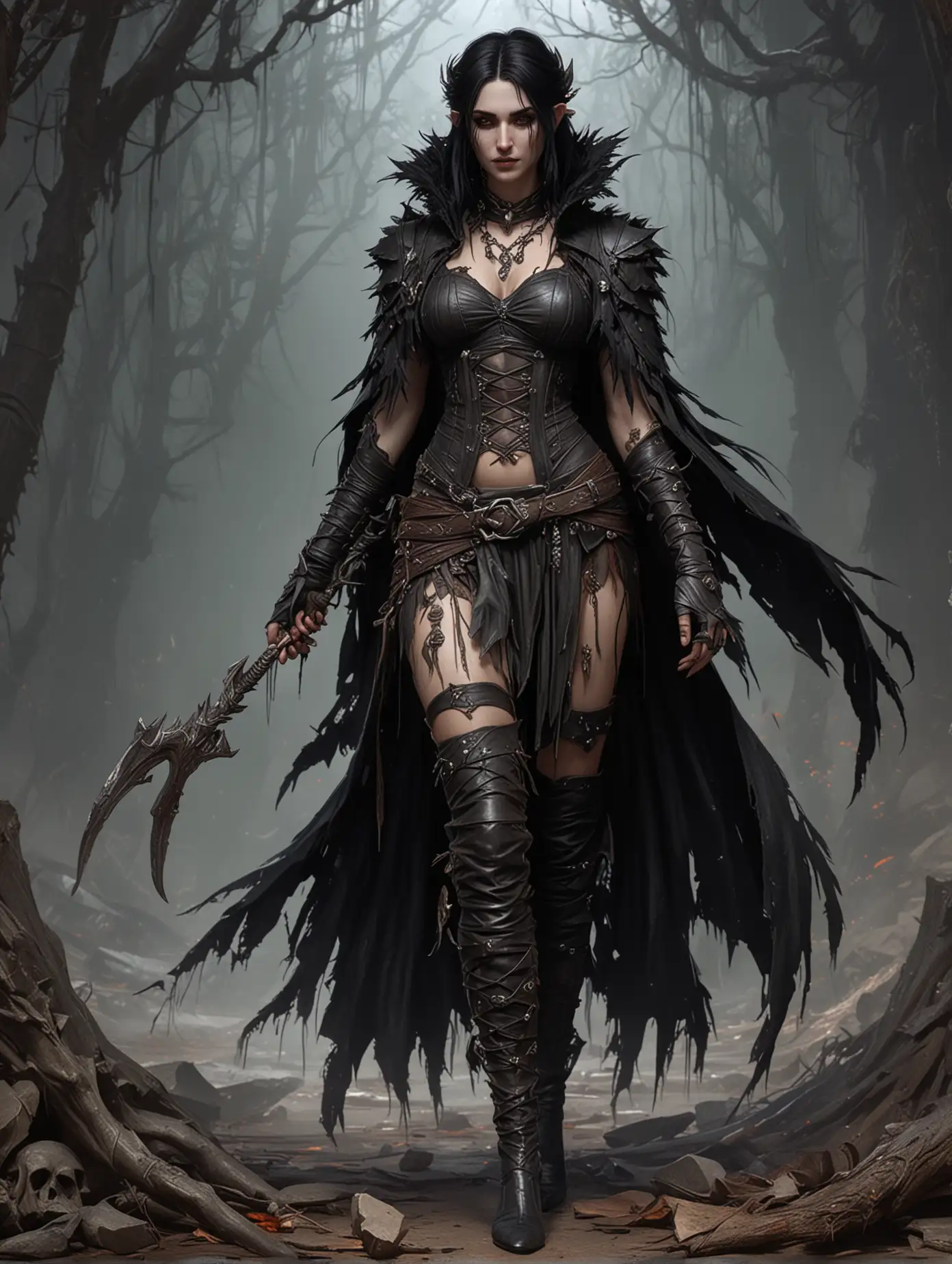 Dark druid, morrigan dragon age, torn clothes, fantasy character design, louis royo style, fullbody, goth clothes, yennefer