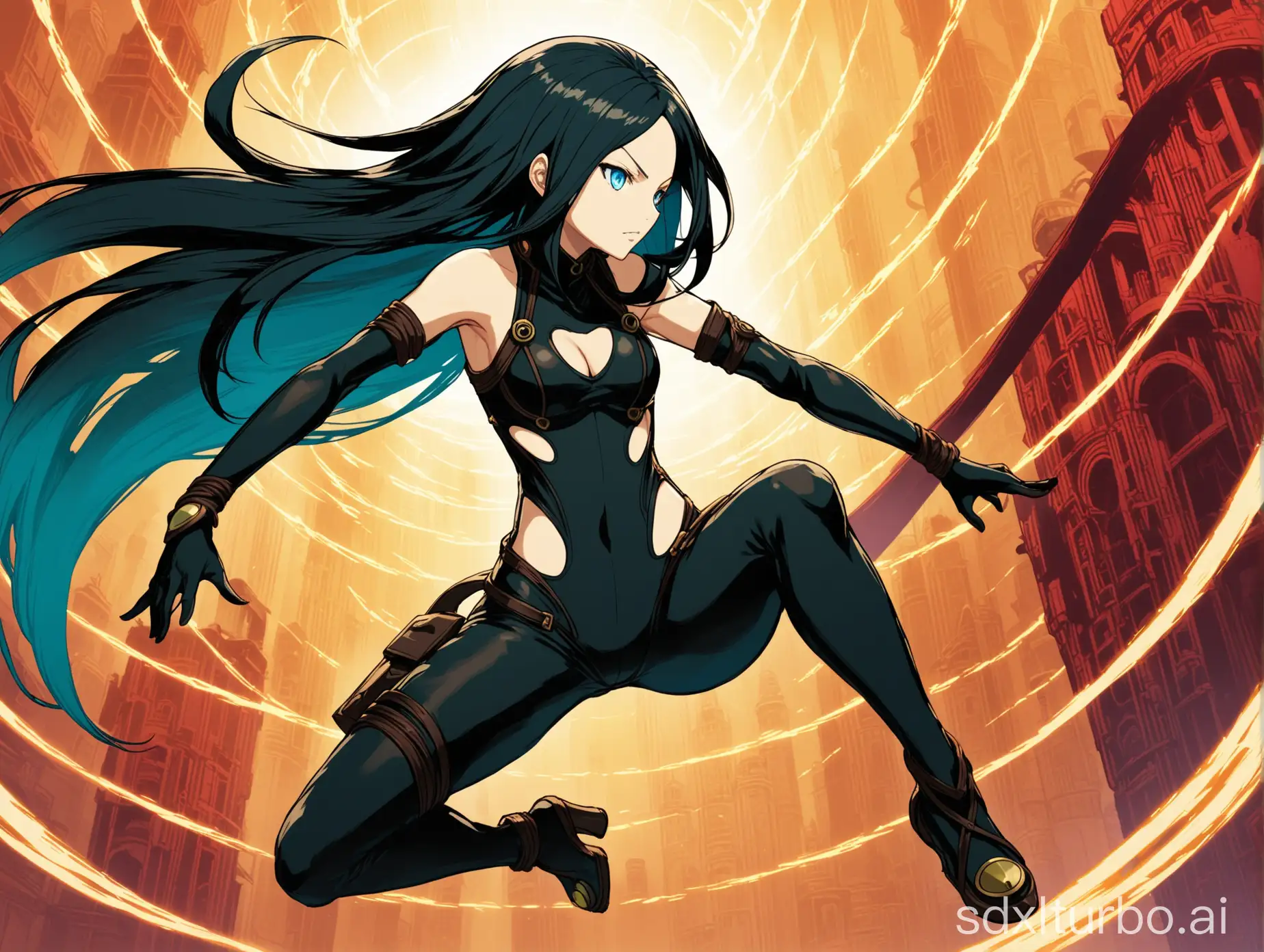 raven from gravity rush 2 ark of time, black long hair with red strands, blue eyes, cat suit with cut-outs, in action pose