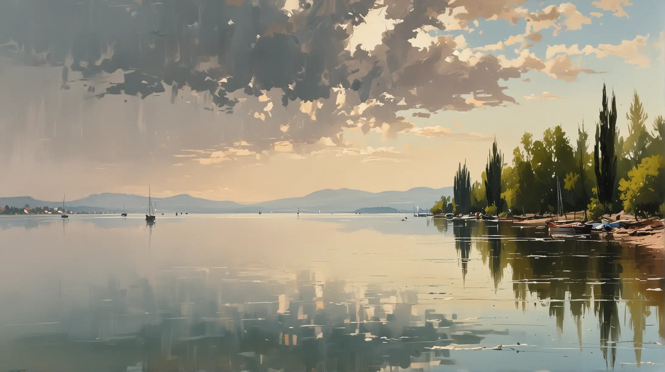 generate a painting about lake balaton in edward seago style. the colors: white, brown,black muted colors, 