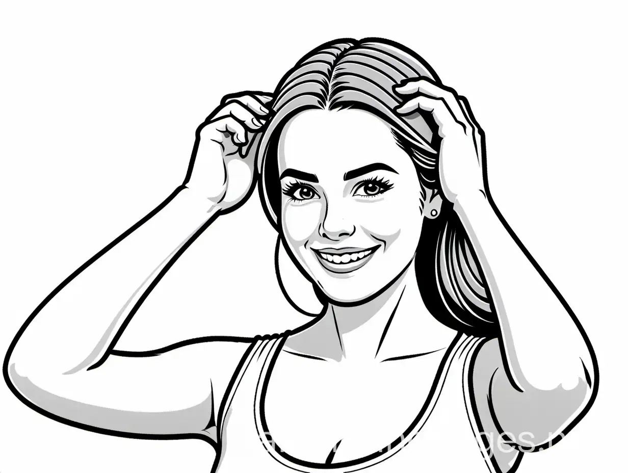 Portrait of a smiling woman, with her shoulders bare hands fixing her hair, looking at us, vector drawing, Coloring Page, black and white, line art, white background, Simplicity, Ample White Space. The background of the coloring page is plain white to make it easy for young children to color within the lines. The outlines of all the subjects are easy to distinguish, making it simple for kids to color without too much difficulty