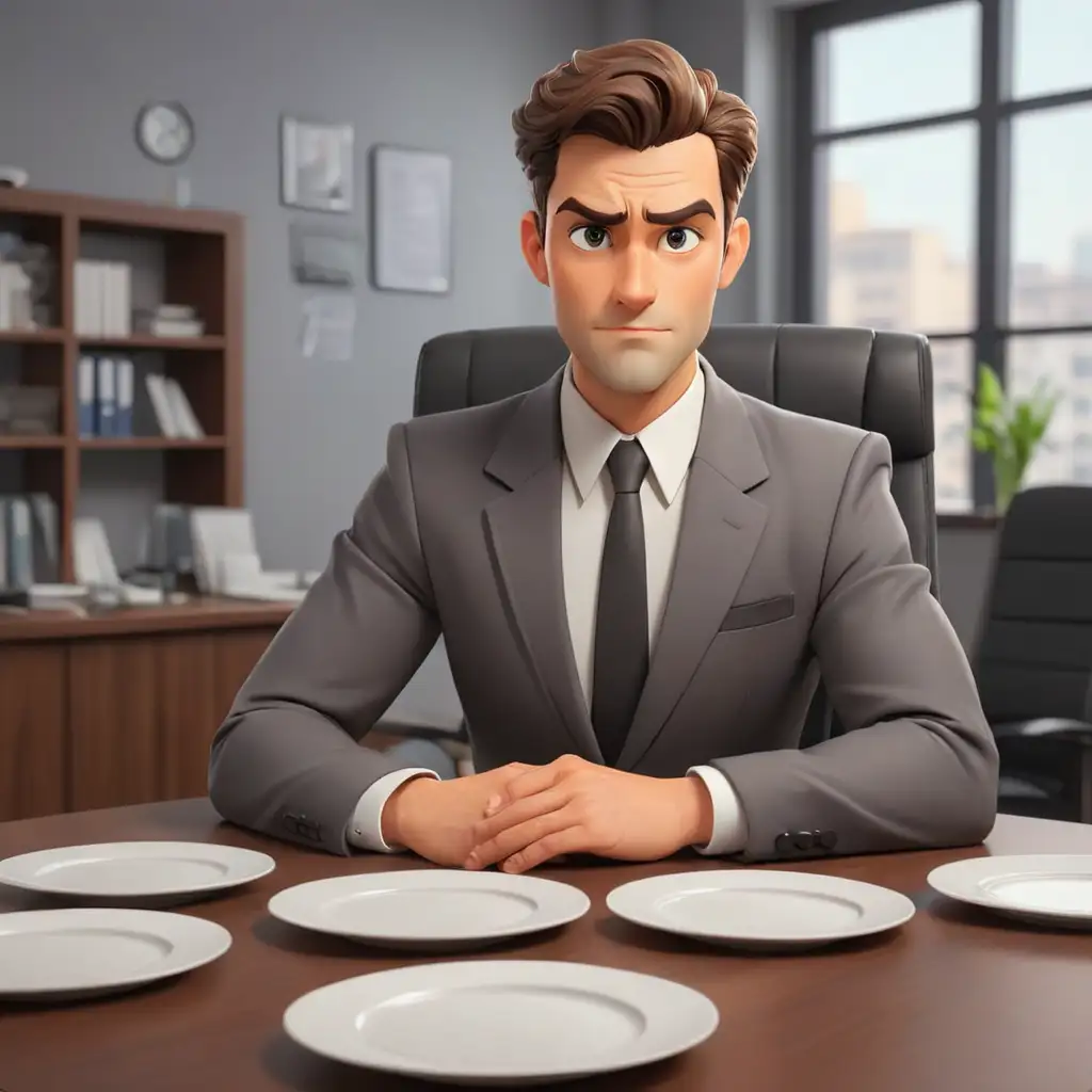 Businessman-Choosing-Between-Three-Plates-in-Office-Setting