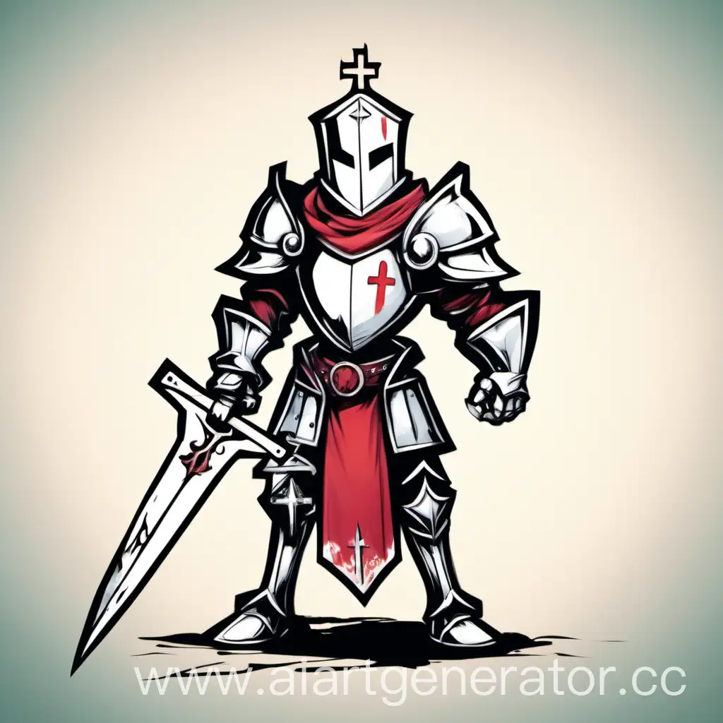 СТиль как в отеле хазбин,нарисуй крестноносца грешника в латной броне с мечом в виде креста в правой руке