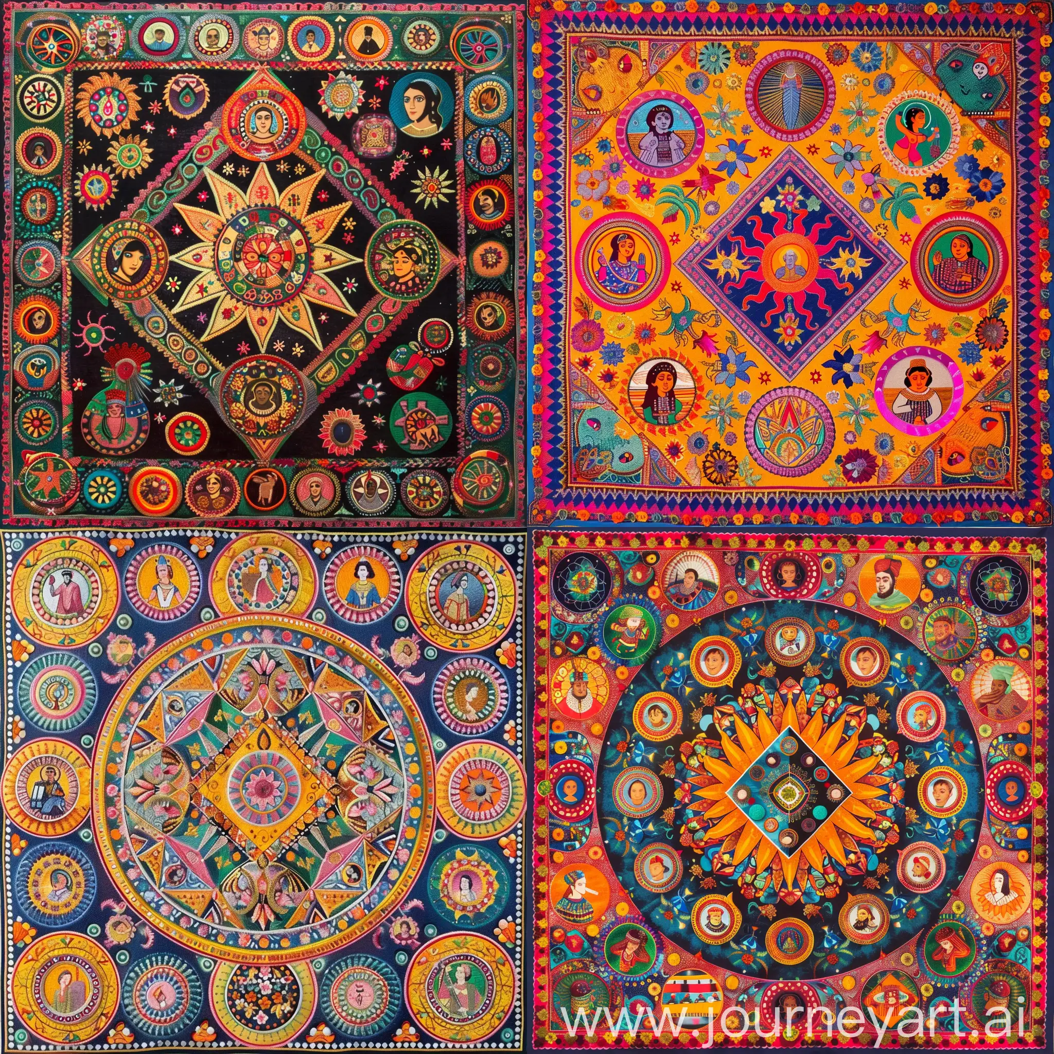 a vibrant piece of art with a central diamond-shaped sun design, surrounded by smaller circular motifs with historical or cultural figures. The intricate patterns and colorful details suggest it may be a handcrafted textile