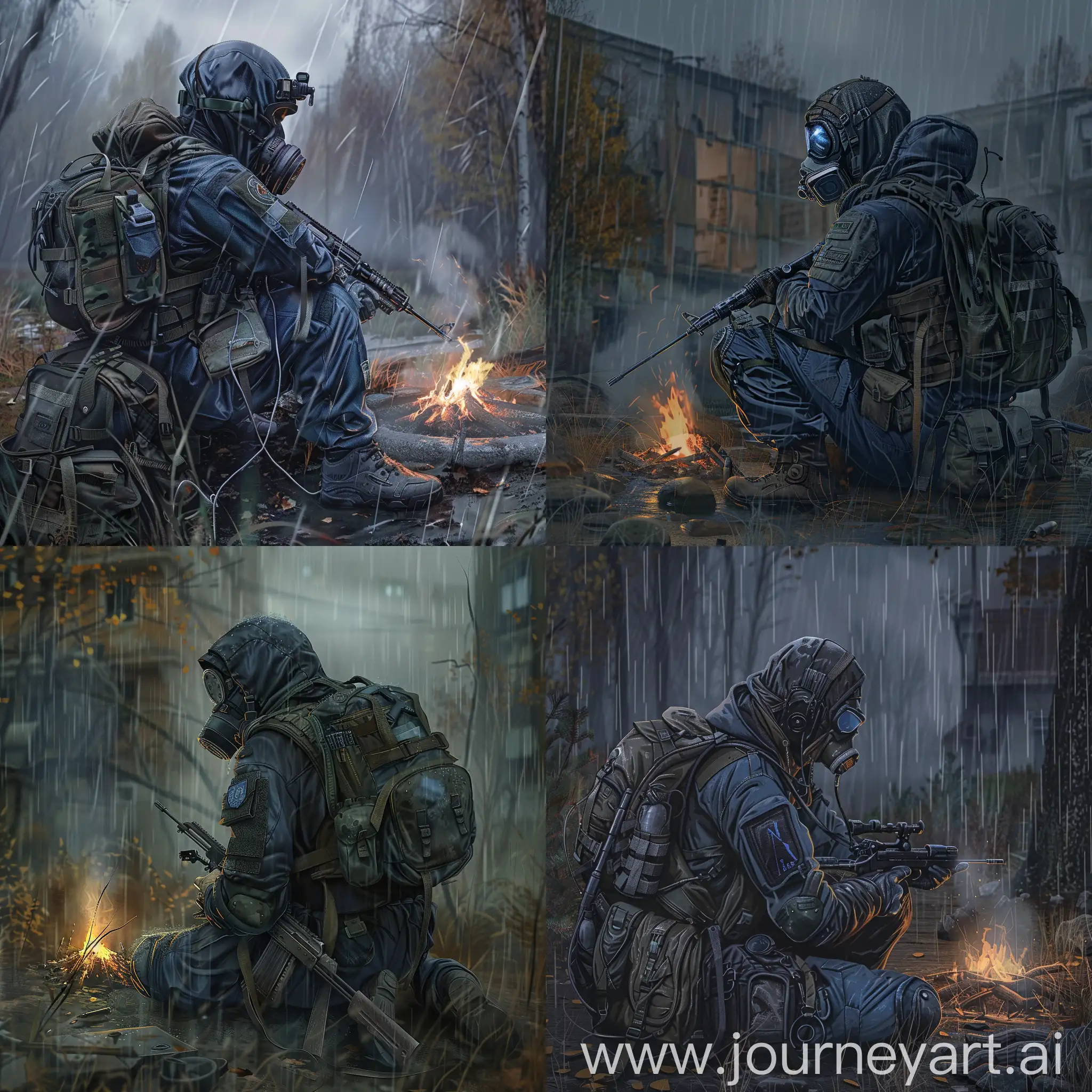 Digital art is a lone mercenary from the universe of S.T.A.L.K.E.R., dressed in a dark blue military jumpsuit, gray military armor on his body, a respirator on his face, a military backpack on his back, sniper rifle in hands, he sitting by the campfire in abandoned soviet bilding, gloomy raining autumn.