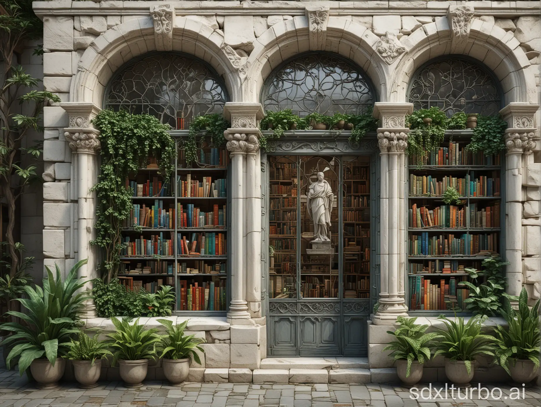 A vast white stone bookshop with green plants and sculptures : 1. | colorful stained glass and in the back : .9 | clear,bright atmosphere : 1. | highly detailed,high precision,focus on textures, hyperrealistic,bright : 1.