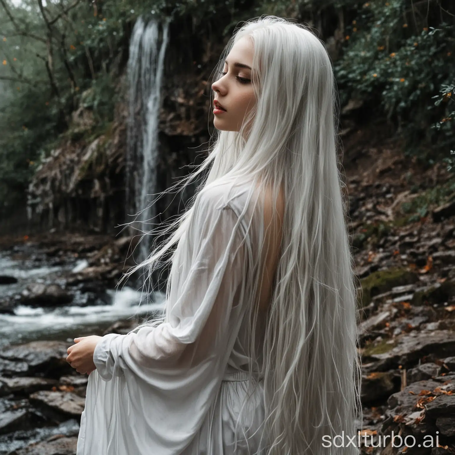 她那头美丽的苍灰色长发如瀑布般垂落，好象一匹绸缎，发梢已浸没在血水里。