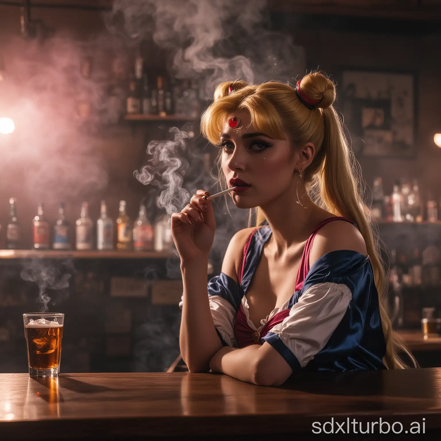photo of sailor moon at the bar counter, smoking, looking sad. Dark ambient, heavy smoke and lasers on the air