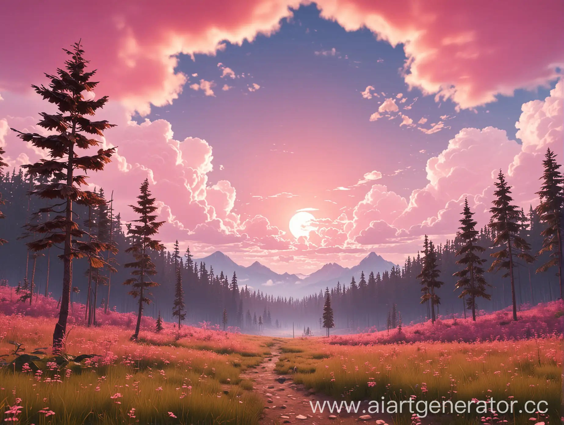 Фон игры, лес на заднем плане, облака, розовое небо, поле, 1920x1080, низкая полиганальность
