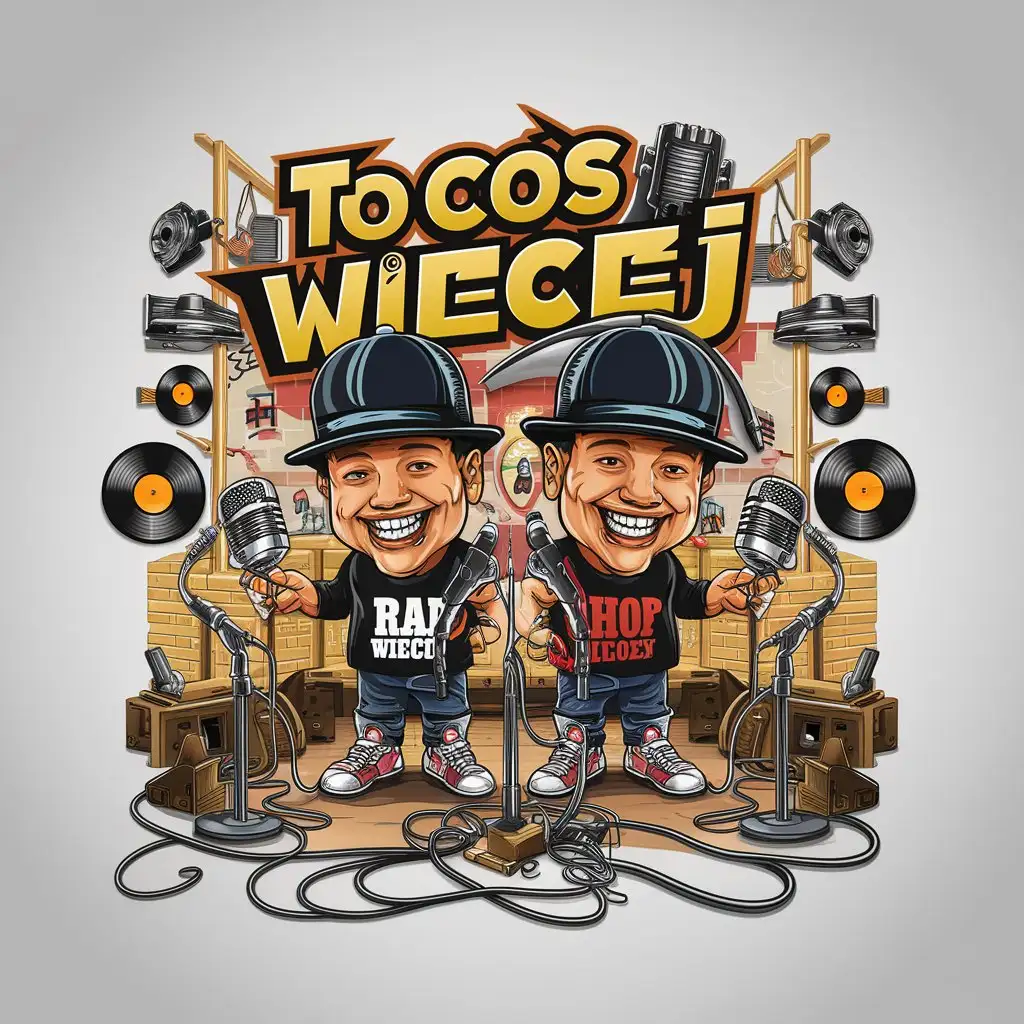 a logo design,with the text "To cos Wiecej", main symbol:two crazy characters, Polish boys in a music studio, dressed in RAP hats hip-hop clothing, there is microphone and cables everywhere, Graffiti, tape recorder and gold records on the walls, 2g,Moderate,clear background