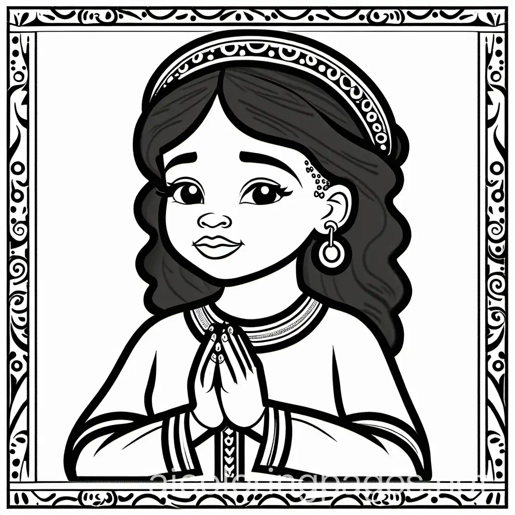 a white African American little girl praying with no shading or color, Coloring Page, black and white, line art, white background, simplicity, ample white space. The background of the coloring page is plain white to make it easy for young children to color within the lines. The outlines of all the subjects are easy to distinguish, making it simple for kids to color without too much difficulty