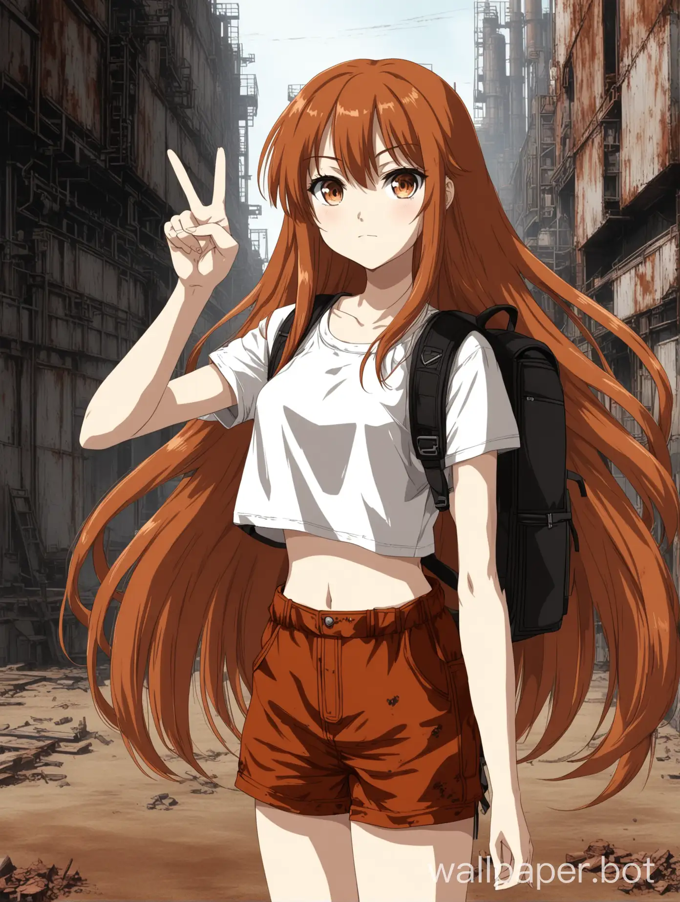 an anime girl in a white short crop top, with rust colored very long hair, wearing a backpack, doing the V sign in front of her eye and with brown industrialistic shorts