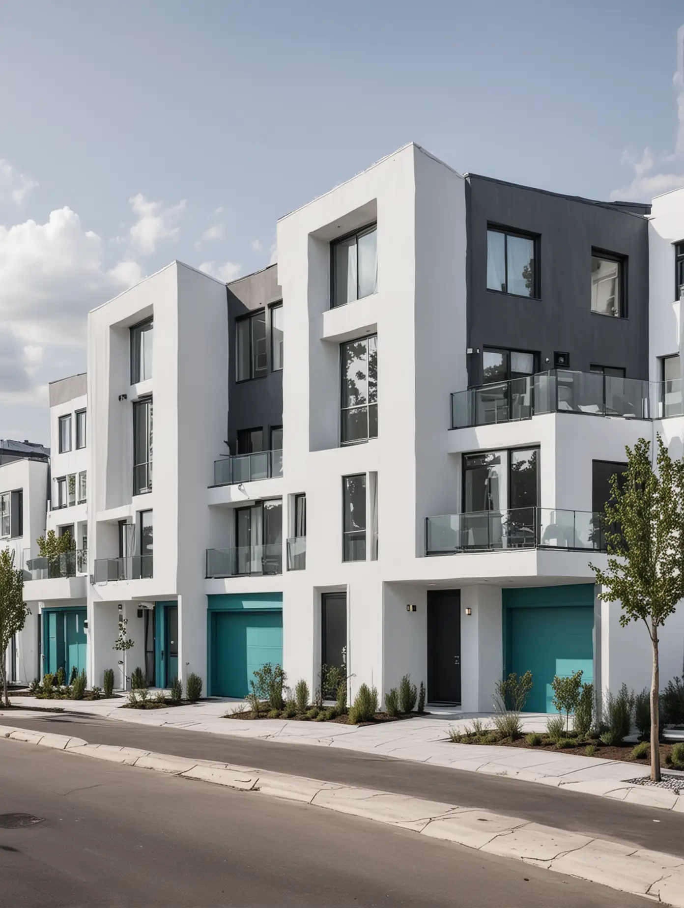 4 luxury modern eco-friendly townhouses in colors white, gray and teal