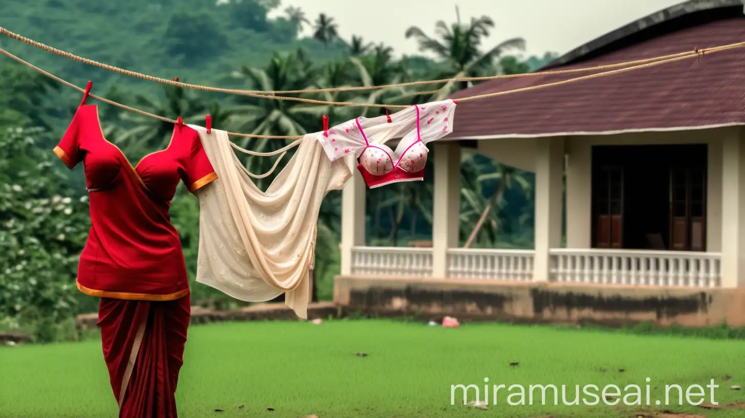 infront of a luxurious farm house on a rope a thung , a blouse , a bra and a saree is hanging after washing 
