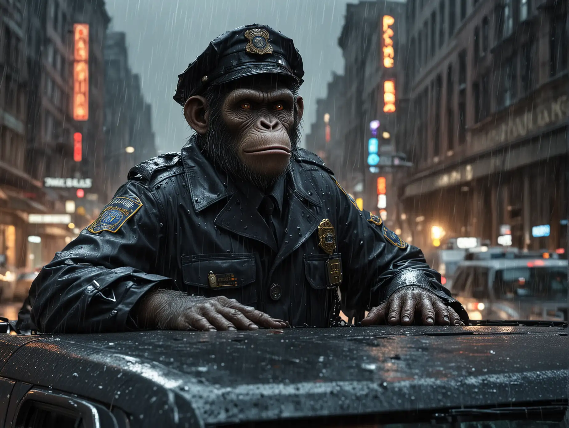 "Imagine a scene set in Gotham City, featuring a humanoid ape police officer amidst the nocturnal urban landscape. Dressed in a standard police uniform, complete with a weathered trench coat and a police cap, the humanoid ape exudes authority and determination. With an earpiece for radio communication in place, the ape officer sits inside a police car, rain droplets trickling down the windshield. Against the backdrop of Gotham's rain-soaked streets, illuminated by neon lights, the humanoid ape police officer's keen eyes scan the surroundings, ready to respond to any call or chase down criminals lurking in the shadows."