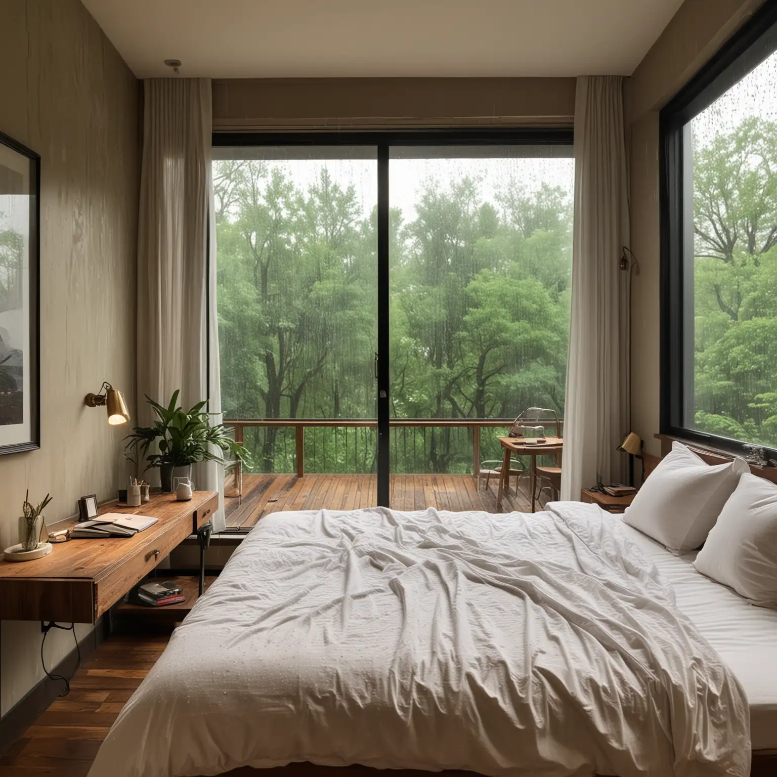 big bed, floor-to-ceiling window, wood desk, table lamp, rain outside the window