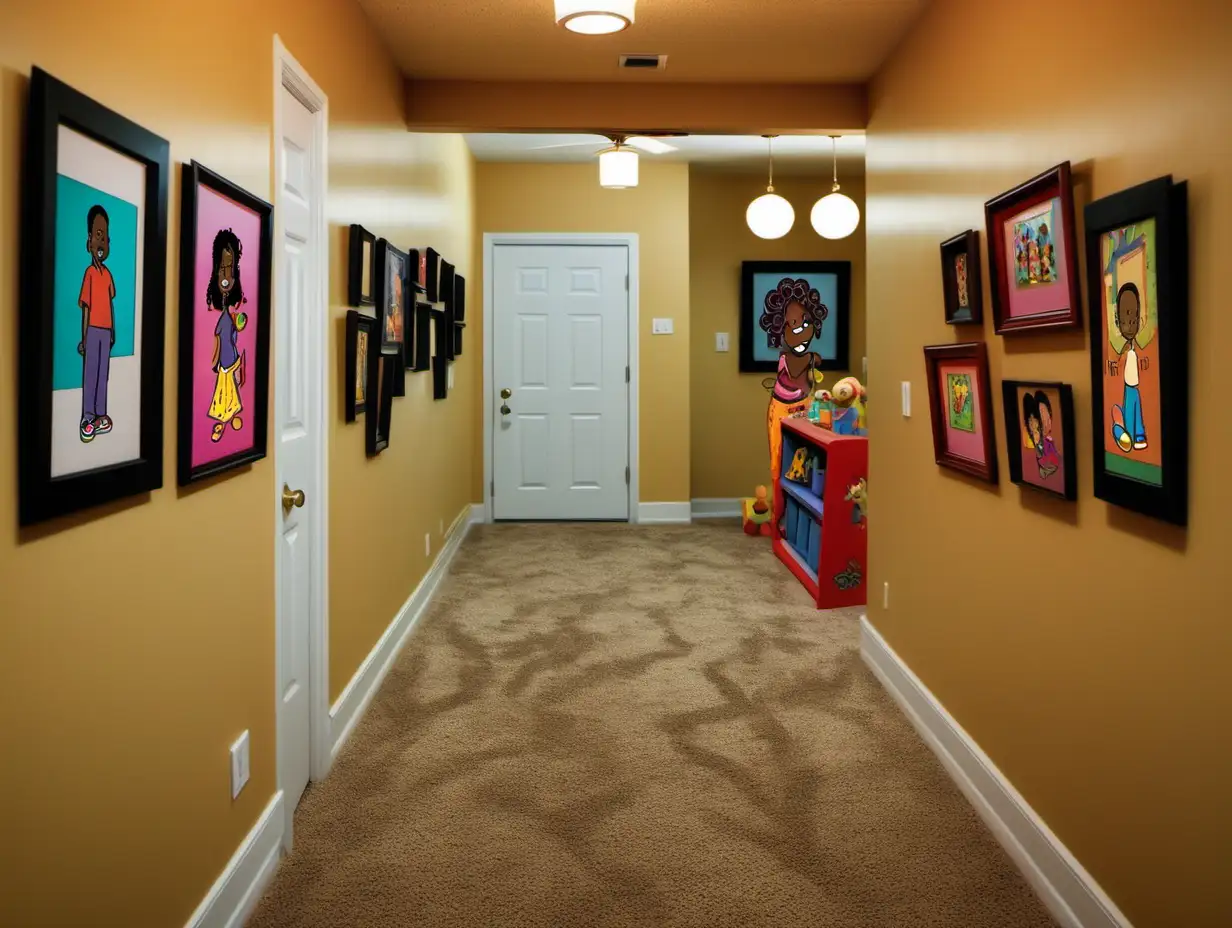 Cartoon hallway inside a suburban house for african americans. The hallway is decorated with family photos and artwork on the walls and kids toys on the floor