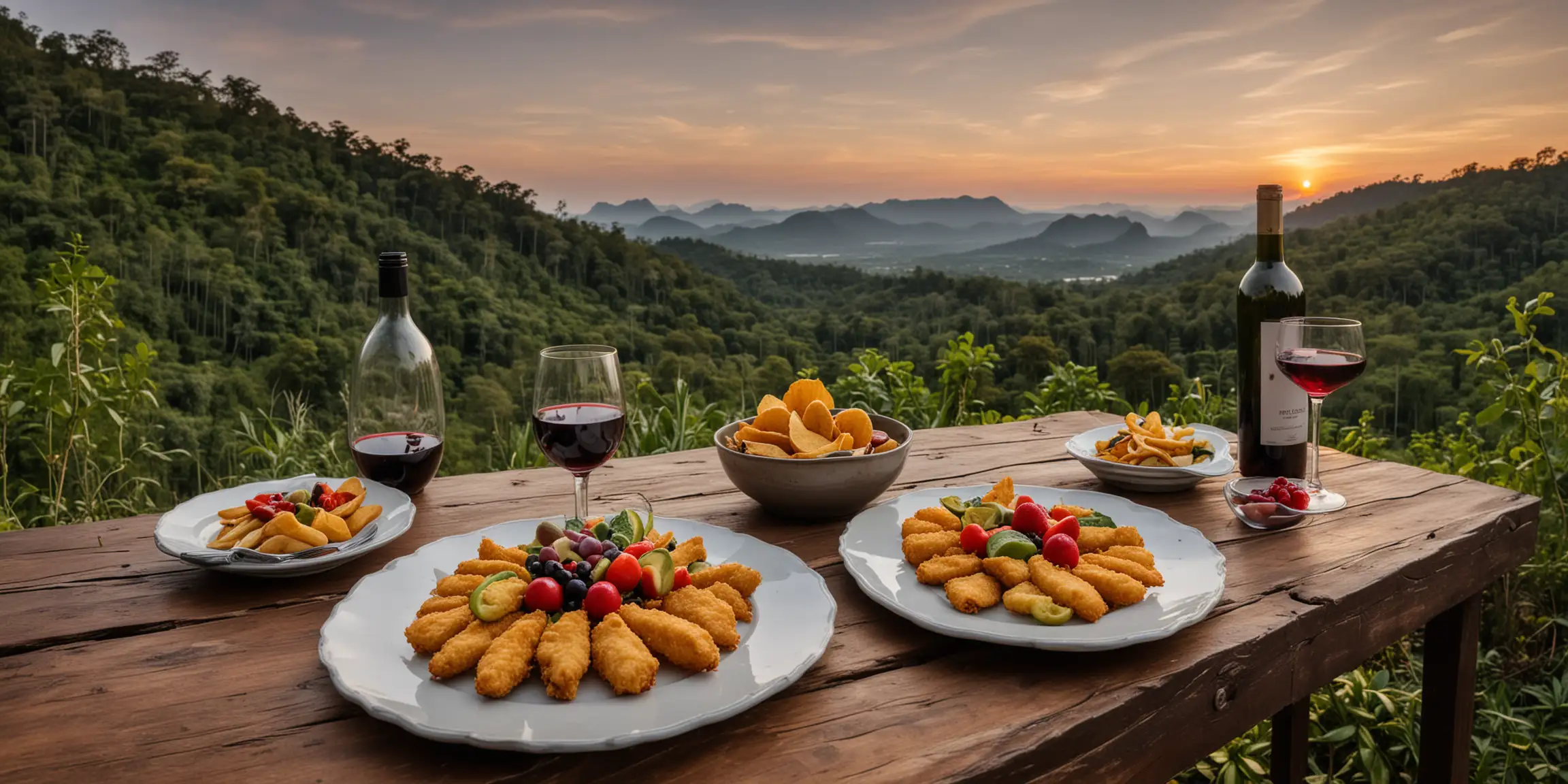 A wide-angle photograph taken with a Canon EOS R5, capturing Beautifully arranged table Scenery amidst nature of forests and mountains Northern part of Thailand during the golden hour. On the table, there are two plates: one with crispy pescadito frito and another with a selection of fresh fruits. A glass of red wine complements the scene. In the background, the mountain looks stunning and inviting.  --style raw.