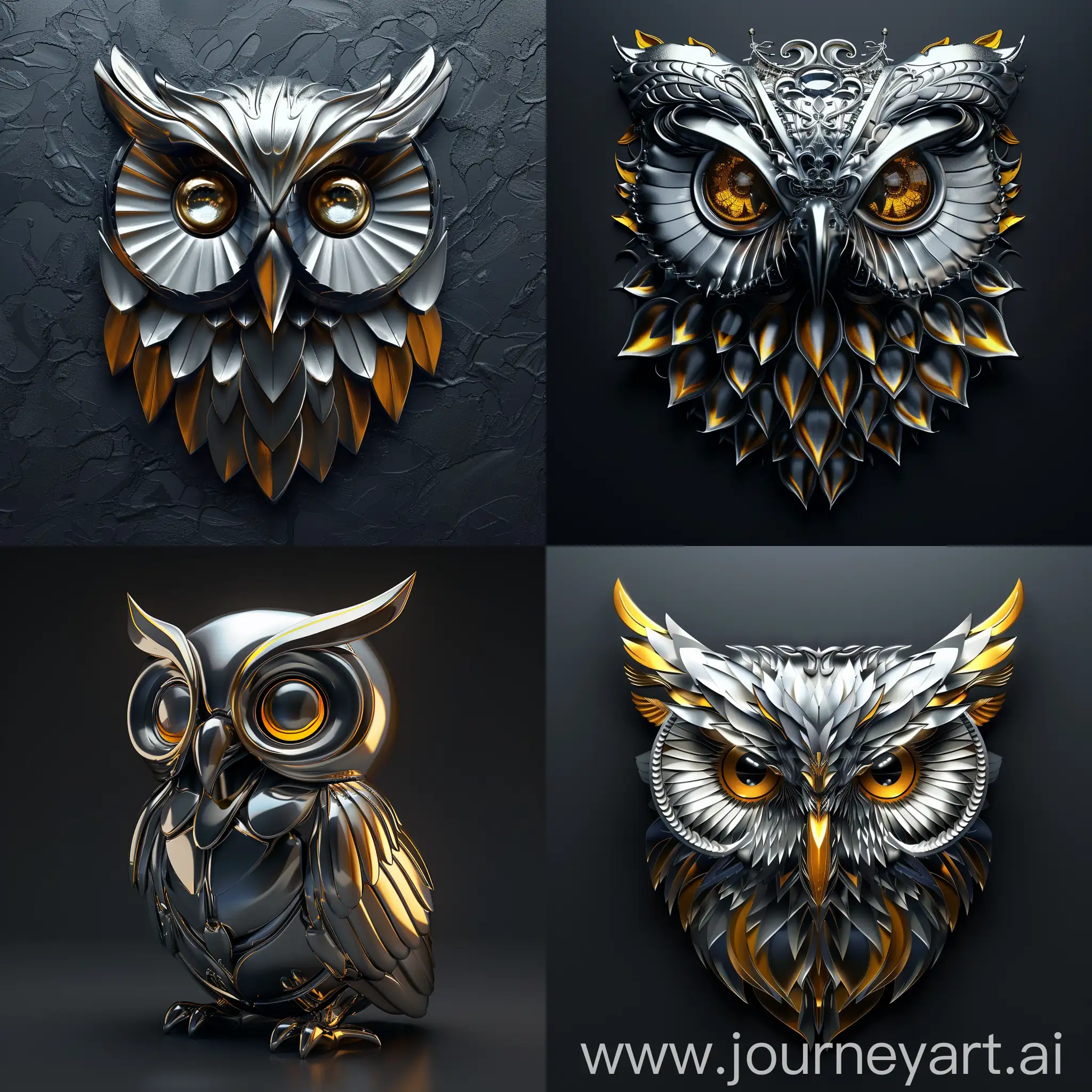 Realistic-Silver-Owl-Sculpture-with-Shiny-Yellow-Edges-on-Dark-Background