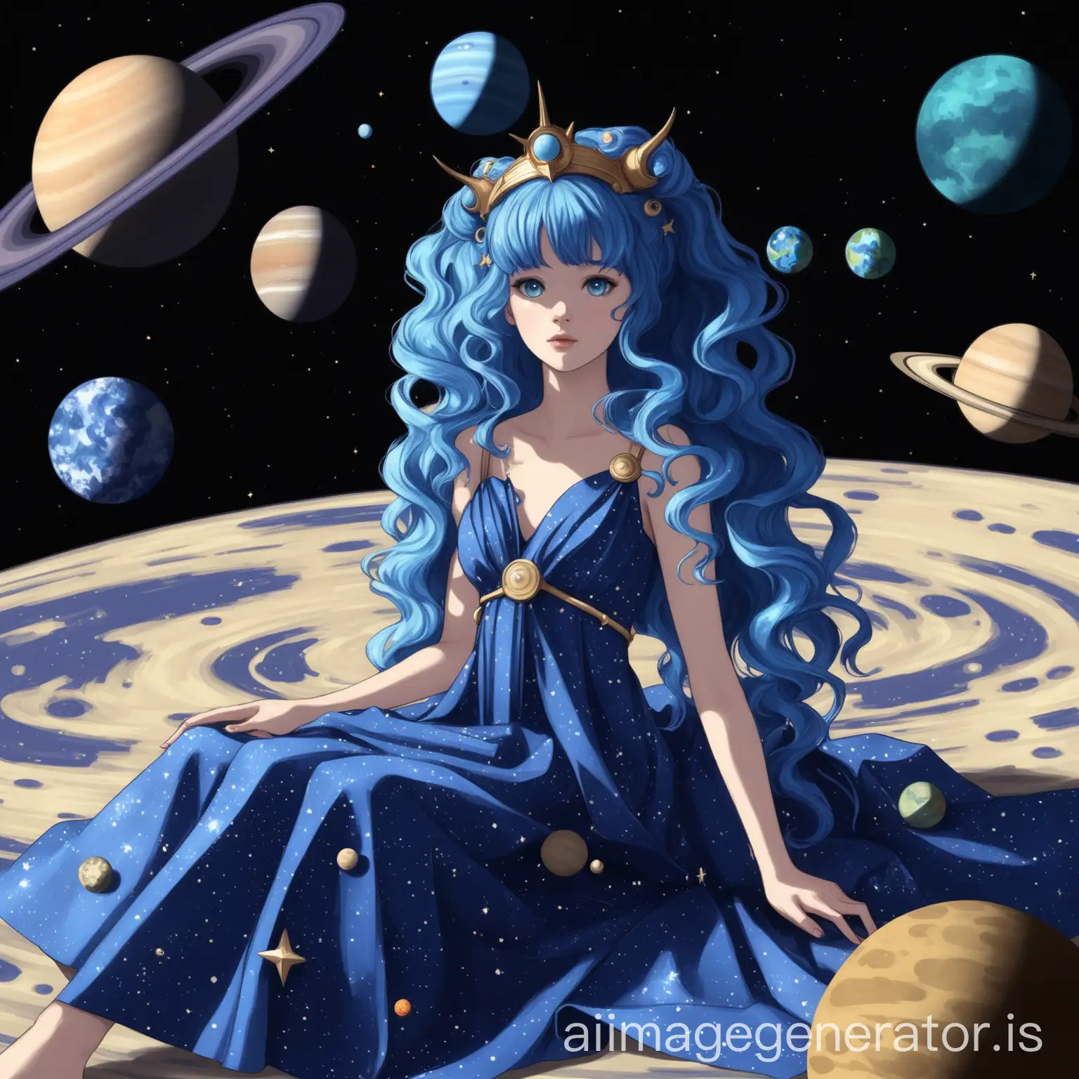  girl wearing a neptune inspired dress and accessories and sitting in front of the planets