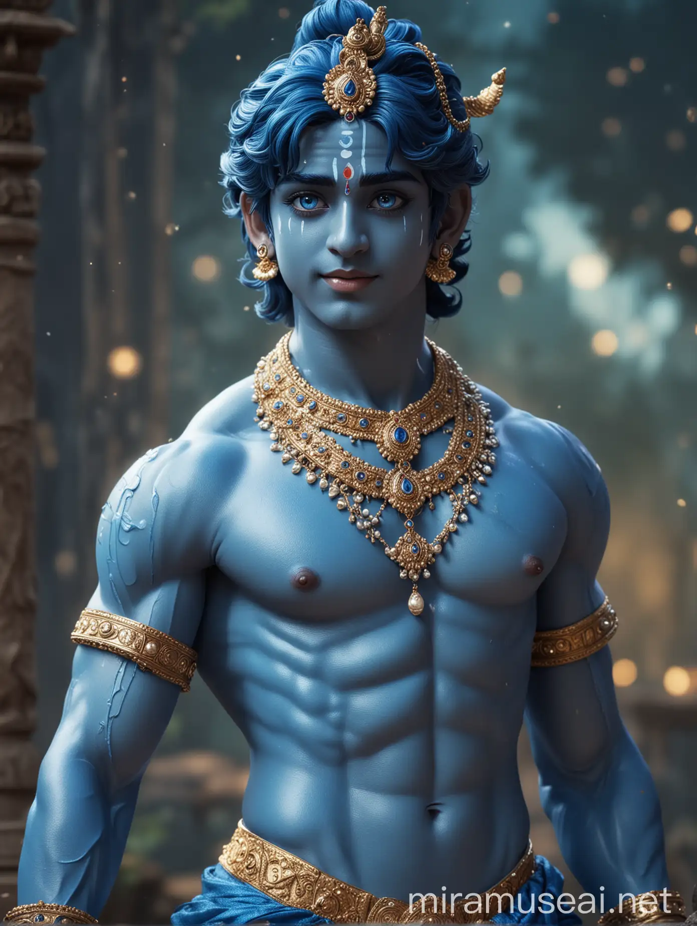 Lord Krishna, Handsome face, showing abs, blue body, blue eyes, the blue colour face, jawline face, blue skin, divine background, Lord Krishna diamond outfit, Lord Krishna makeup, Japanese anime, full body photo, standing pose, smile, face facing the camera,ultra HD 4k 