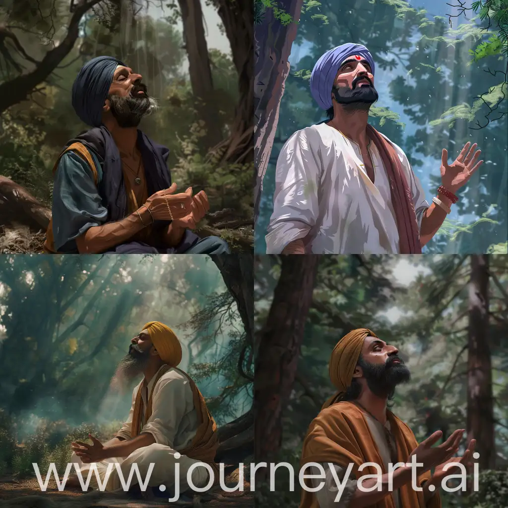 Serene scene: Sikh man begging with joining his hand , asking for forgiveness , in a forest scenery looking up to the sky rendered in hyper-realistic photorealism cartoon style ai art