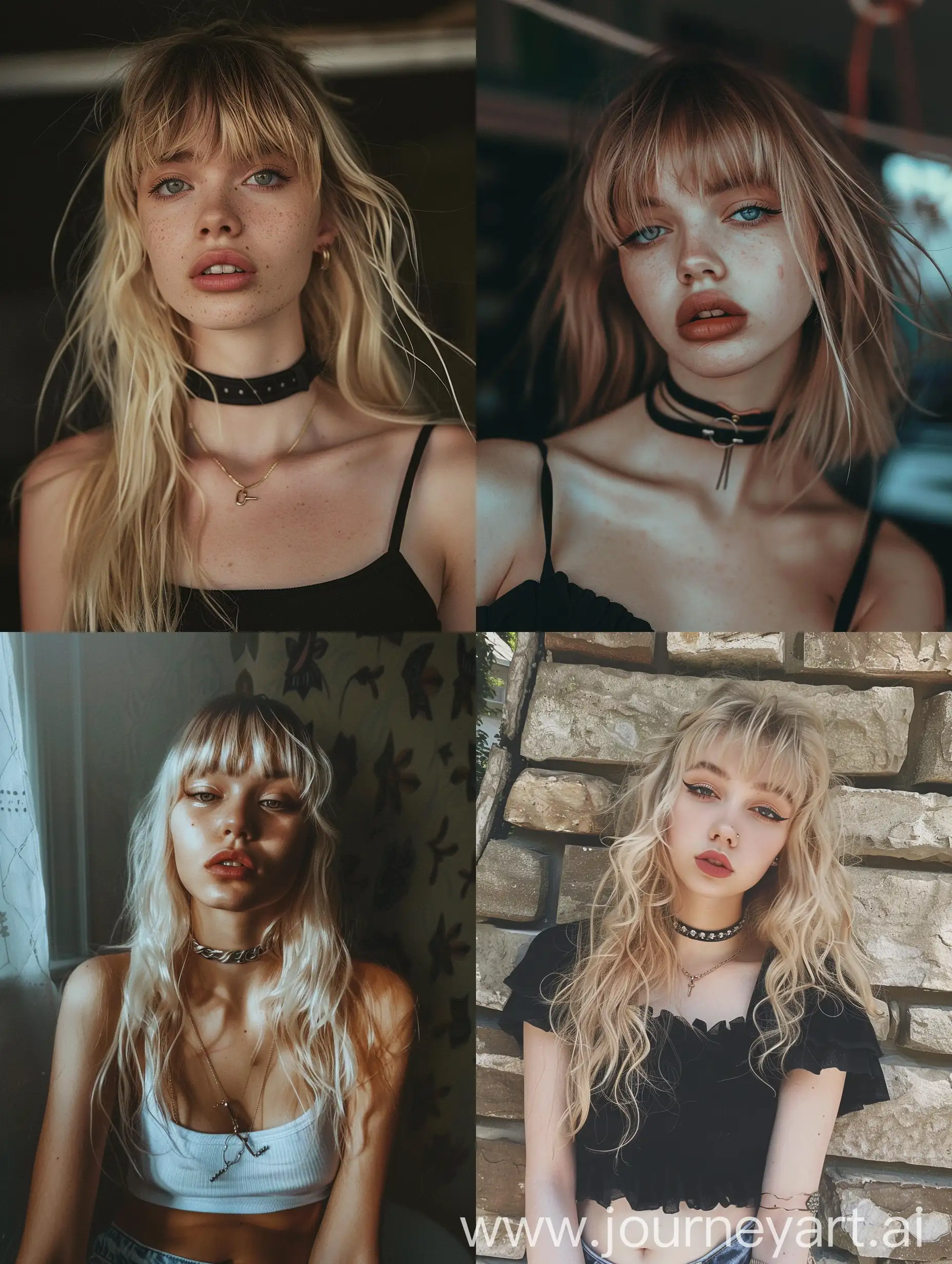 Aesthetic instagram selfie of a 16 year old girl model, in crop top, choker, blonde, bangs, wide set, throw face away from camera, portrait