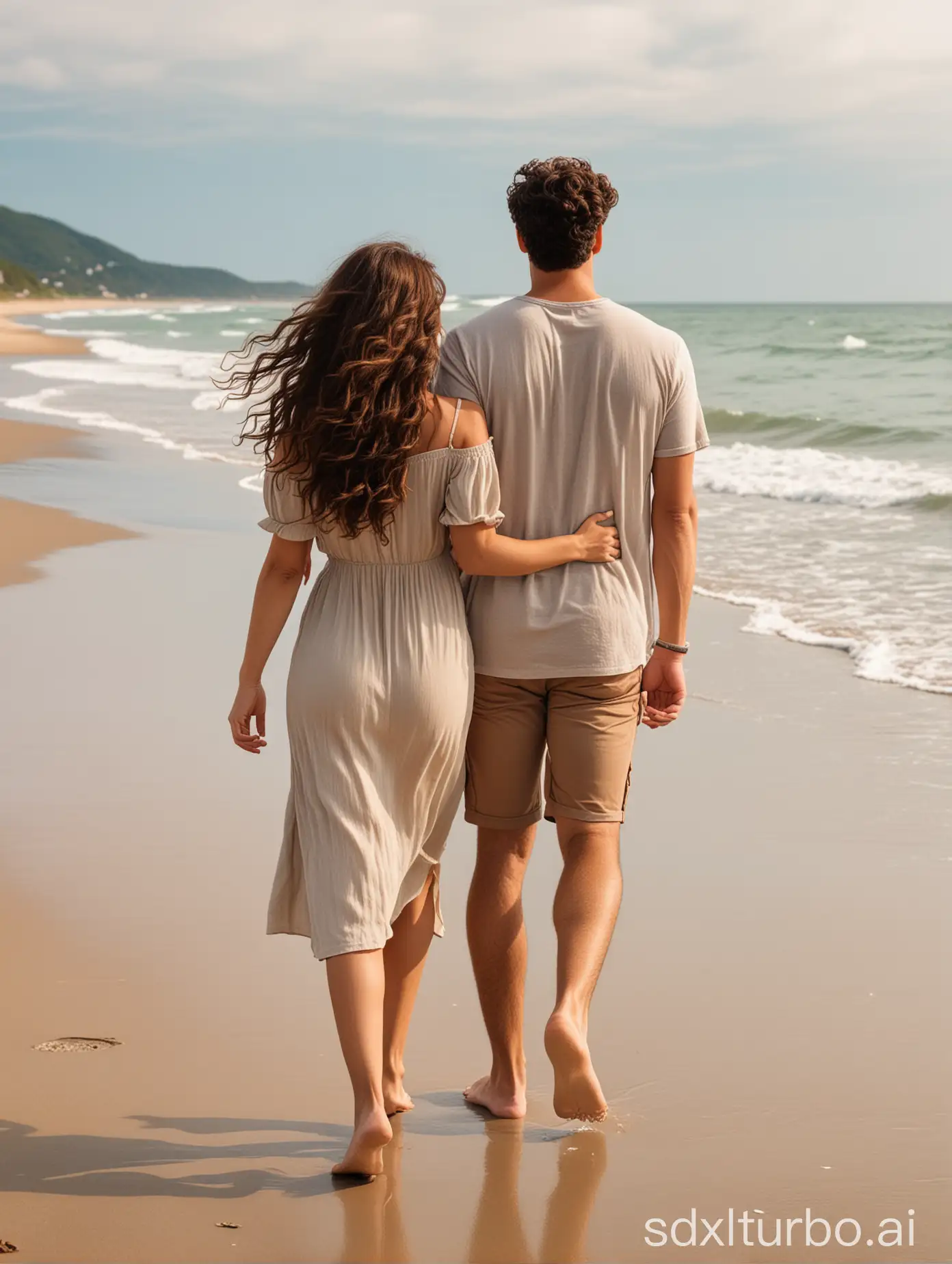 Couple-Strolling-Hand-in-Hand-on-Beach-with-Brown-and-Curly-Hair