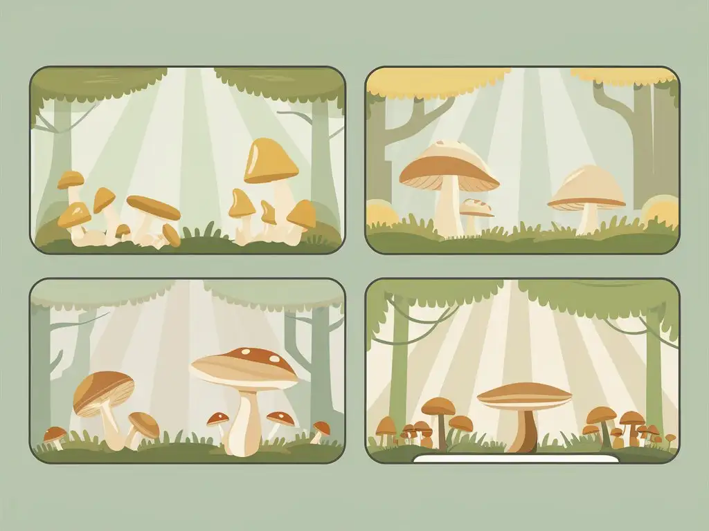 4 horizontal rectangular images for a site about mushrooms, minimalist flat design, pale light green and yellow color theme, forest theme, sunlight, abstract
